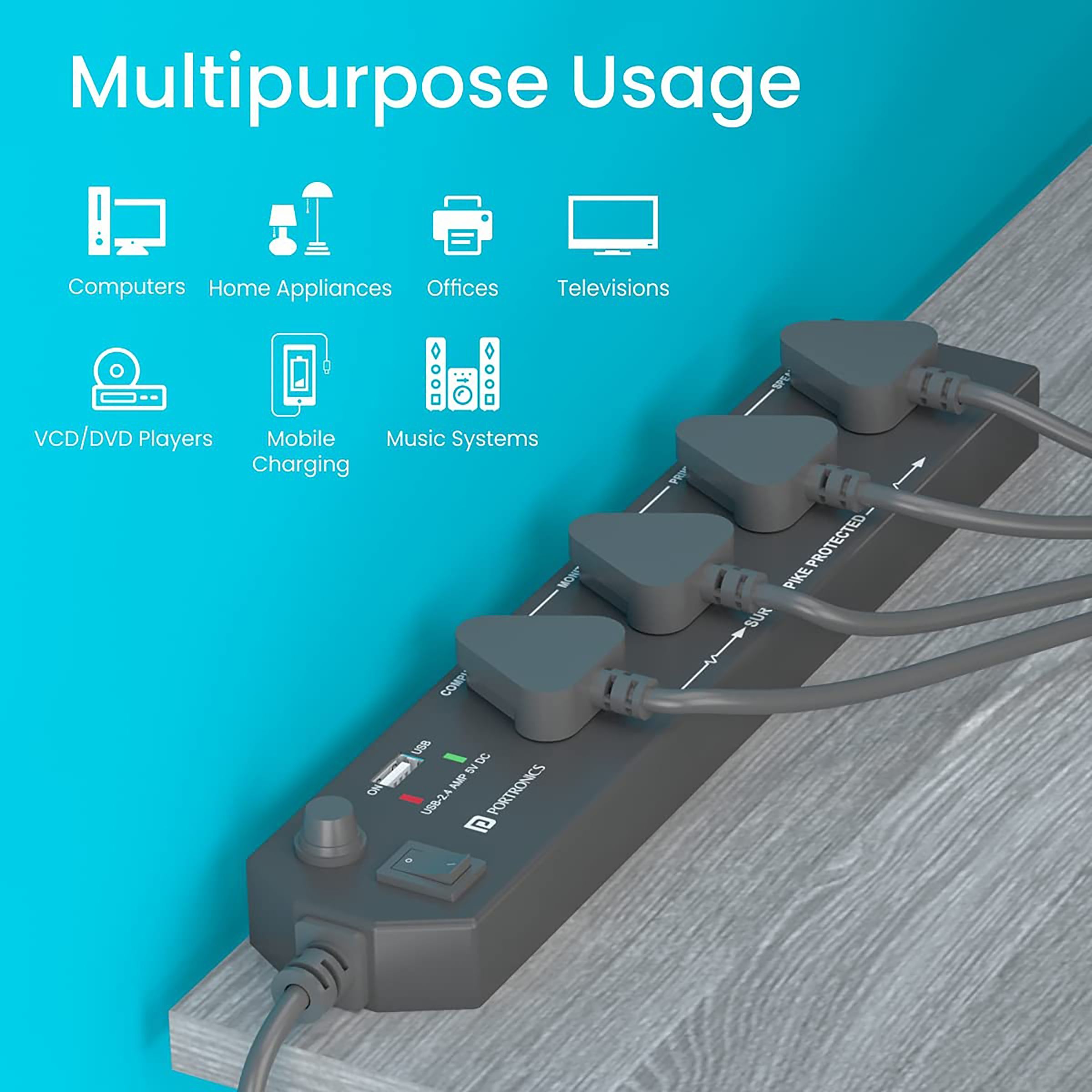 PORTRONICS POR 1291 6 Amps 4 Sockets Surge Protector (1.5 Meters, 2.4A USB Port, Power Plate 4, Black)_5