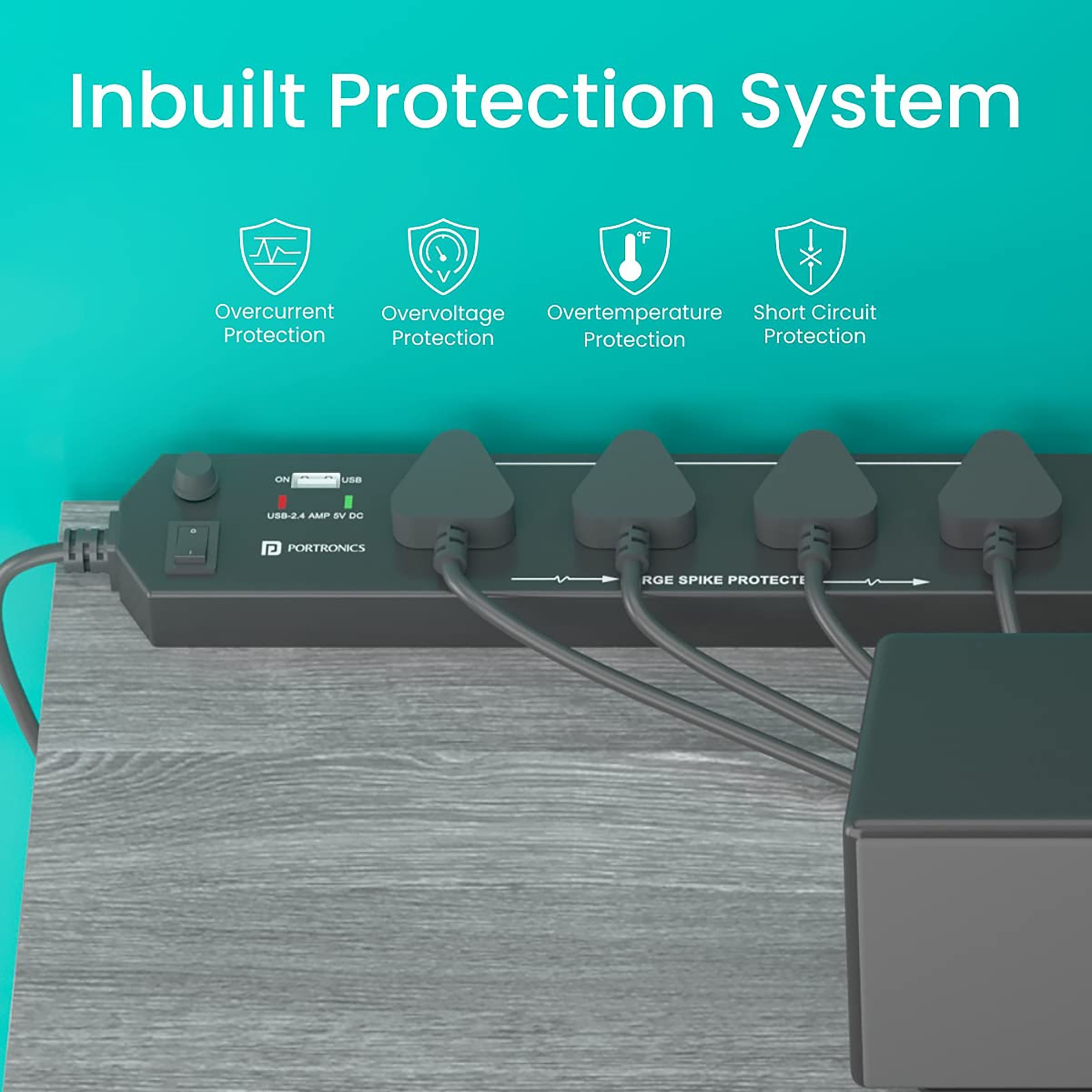 PORTRONICS POR 1291 6 Amps 4 Sockets Surge Protector (1.5 Meters, 2.4A USB Port, Power Plate 4, Black)_6