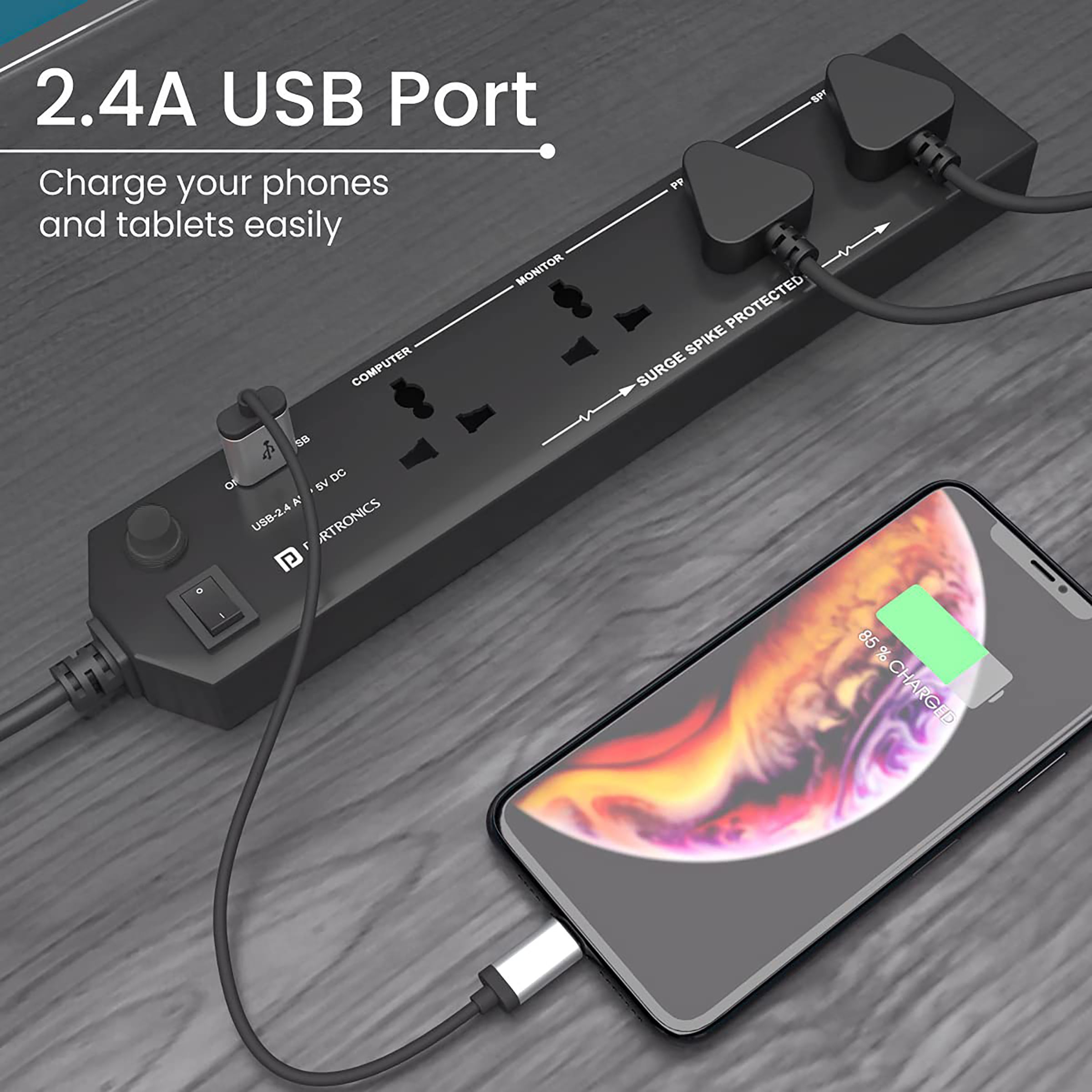 PORTRONICS POR 1291 6 Amps 4 Sockets Surge Protector (1.5 Meters, 2.4A USB Port, Power Plate 4, Black)_7