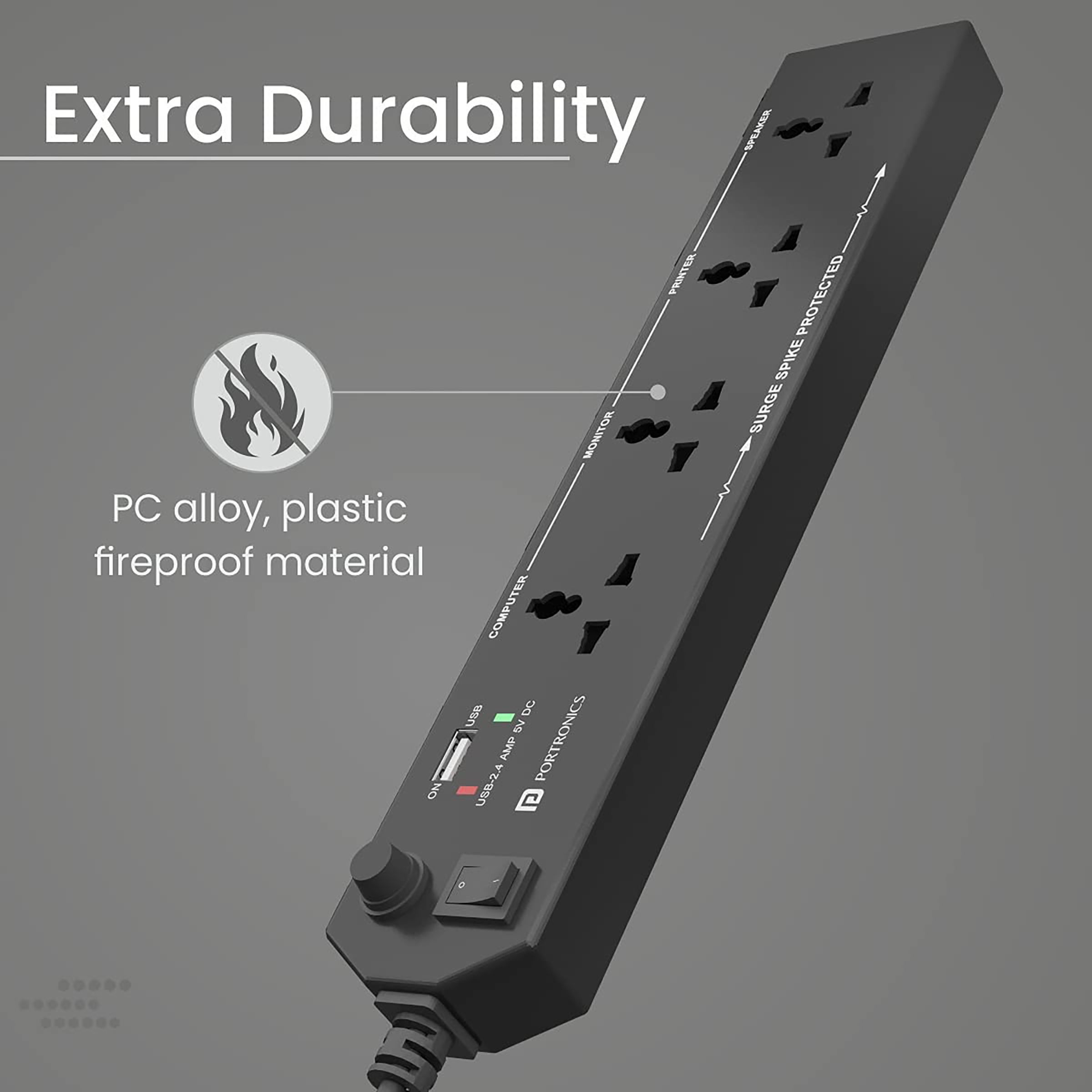 PORTRONICS POR 1291 6 Amps 4 Sockets Surge Protector (1.5 Meters, 2.4A USB Port, Power Plate 4, Black)_8