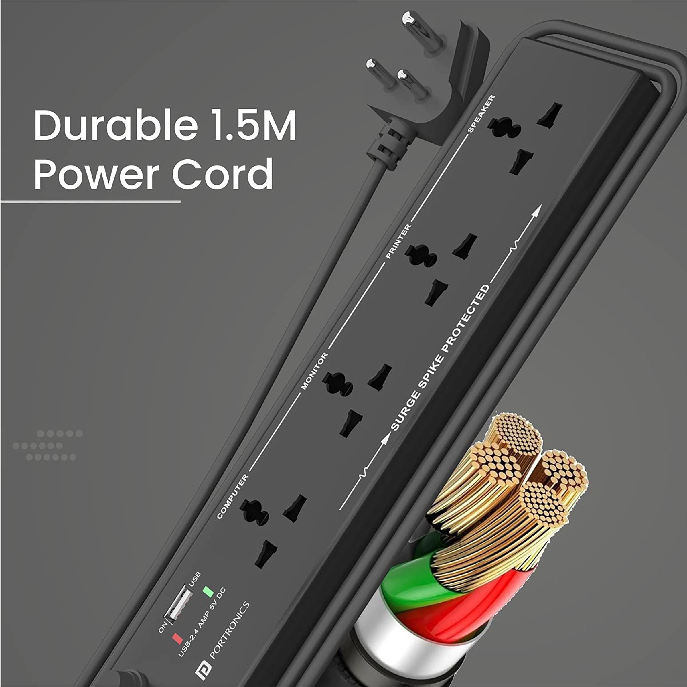PORTRONICS POR 1291 6 Amps 4 Sockets Surge Protector (1.5 Meters, 2.4A USB Port, Power Plate 4, Black)_9
