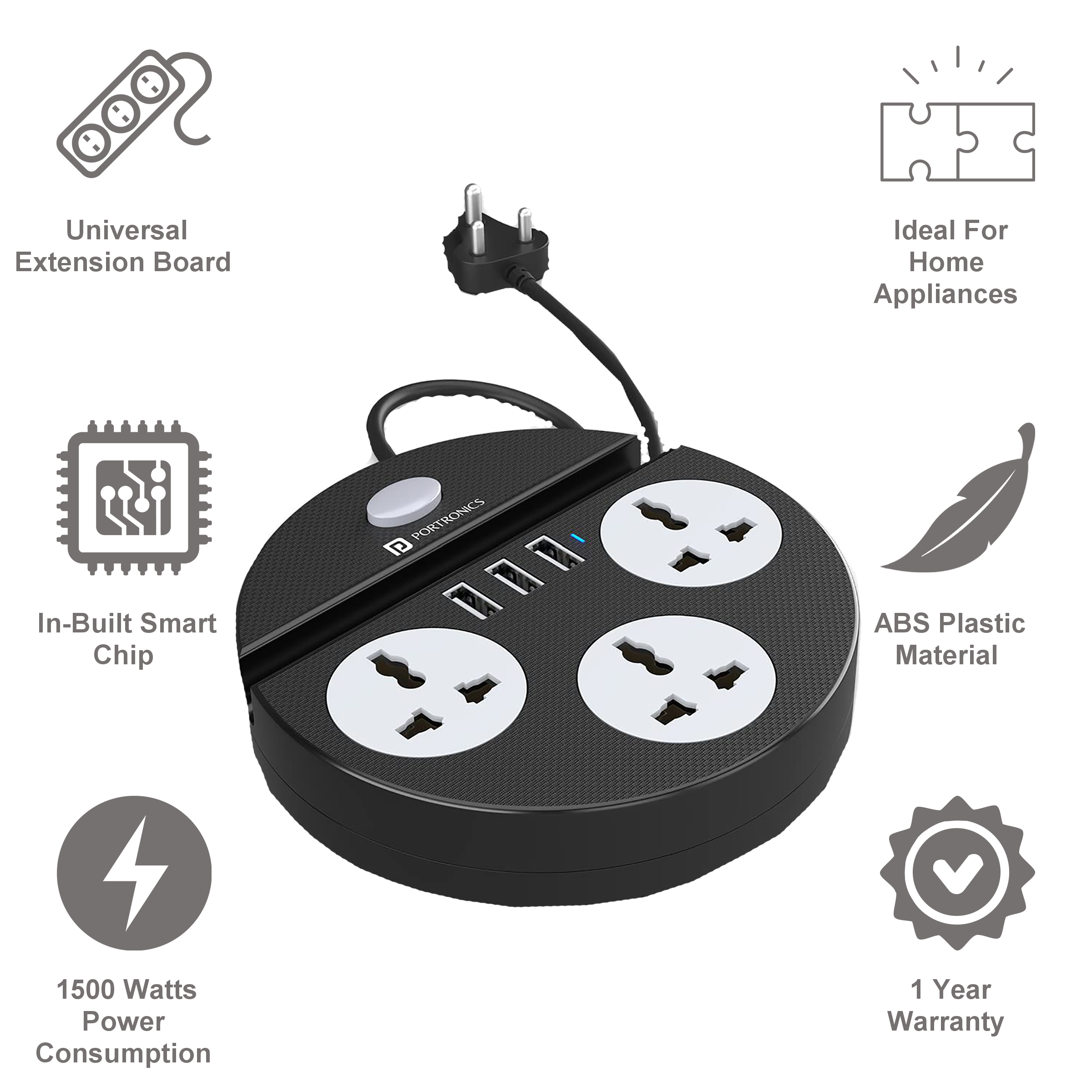 PORTRONICS Power Plate 5 3-Sockets Extension Board (1.5 Meters, 3 USB Charging Slots, POR 1565, Black)_2