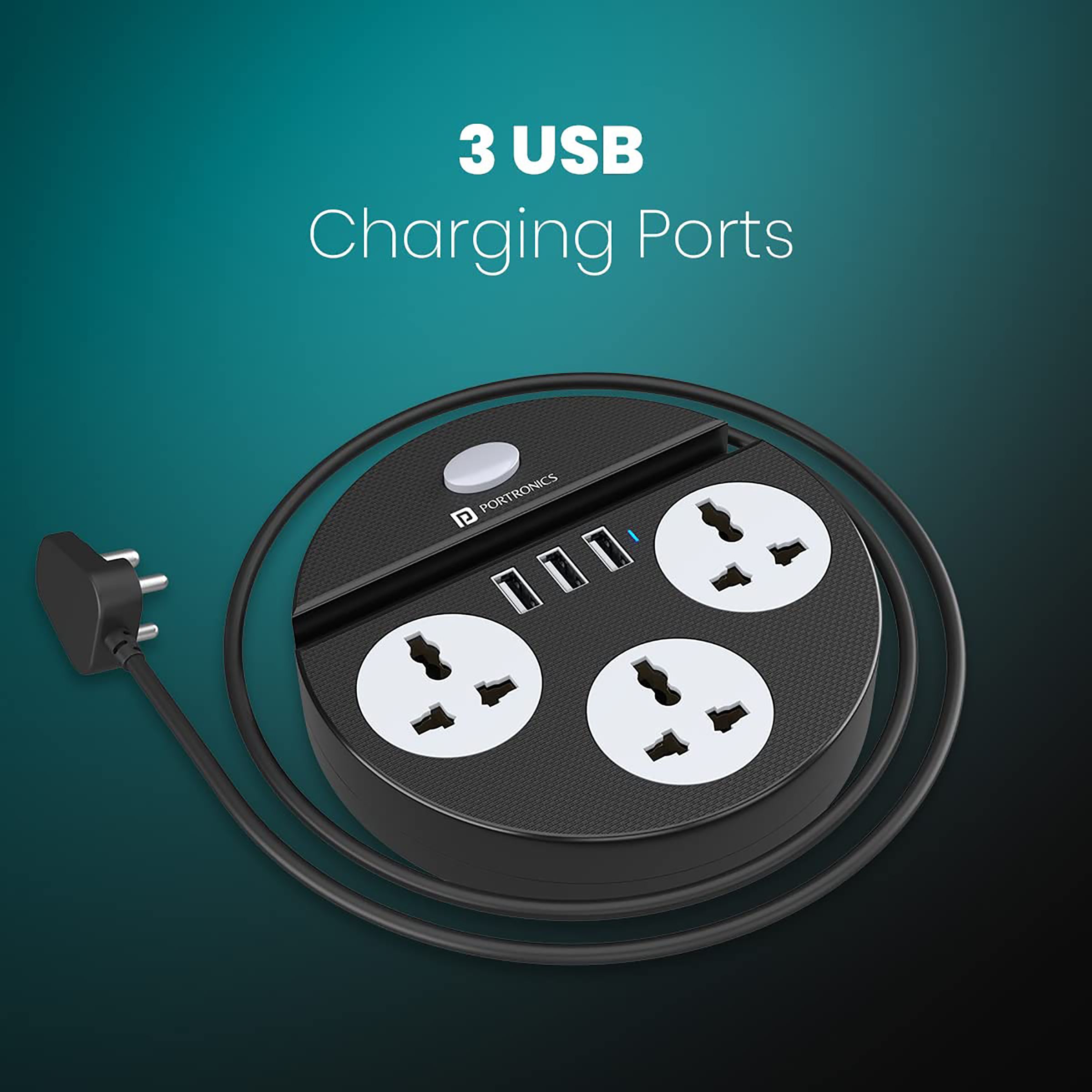 PORTRONICS Power Plate 5 3-Sockets Extension Board (1.5 Meters, 3 USB Charging Slots, POR 1565, Black)_4