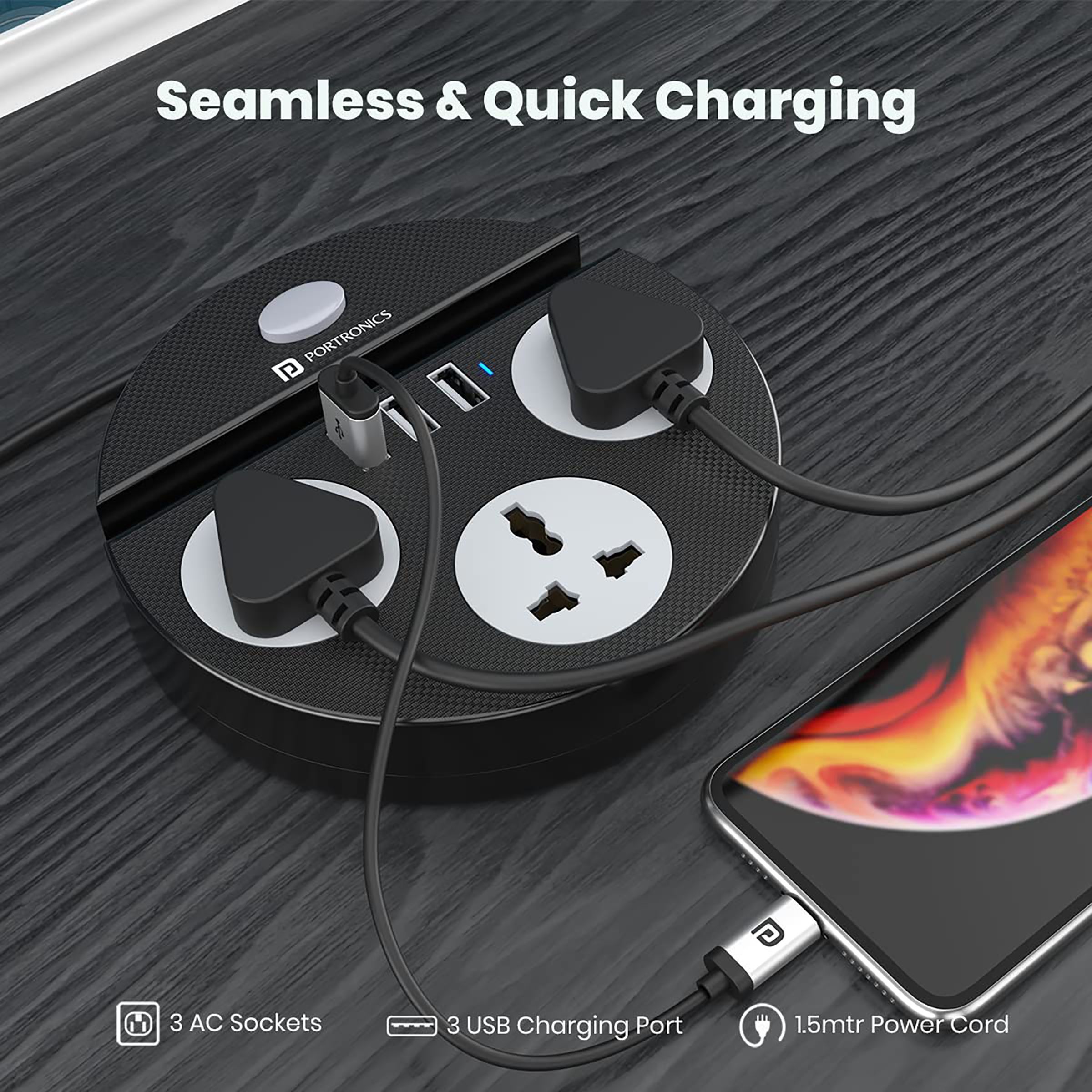 PORTRONICS Power Plate 5 3-Sockets Extension Board (1.5 Meters, 3 USB Charging Slots, POR 1565, Black)_5