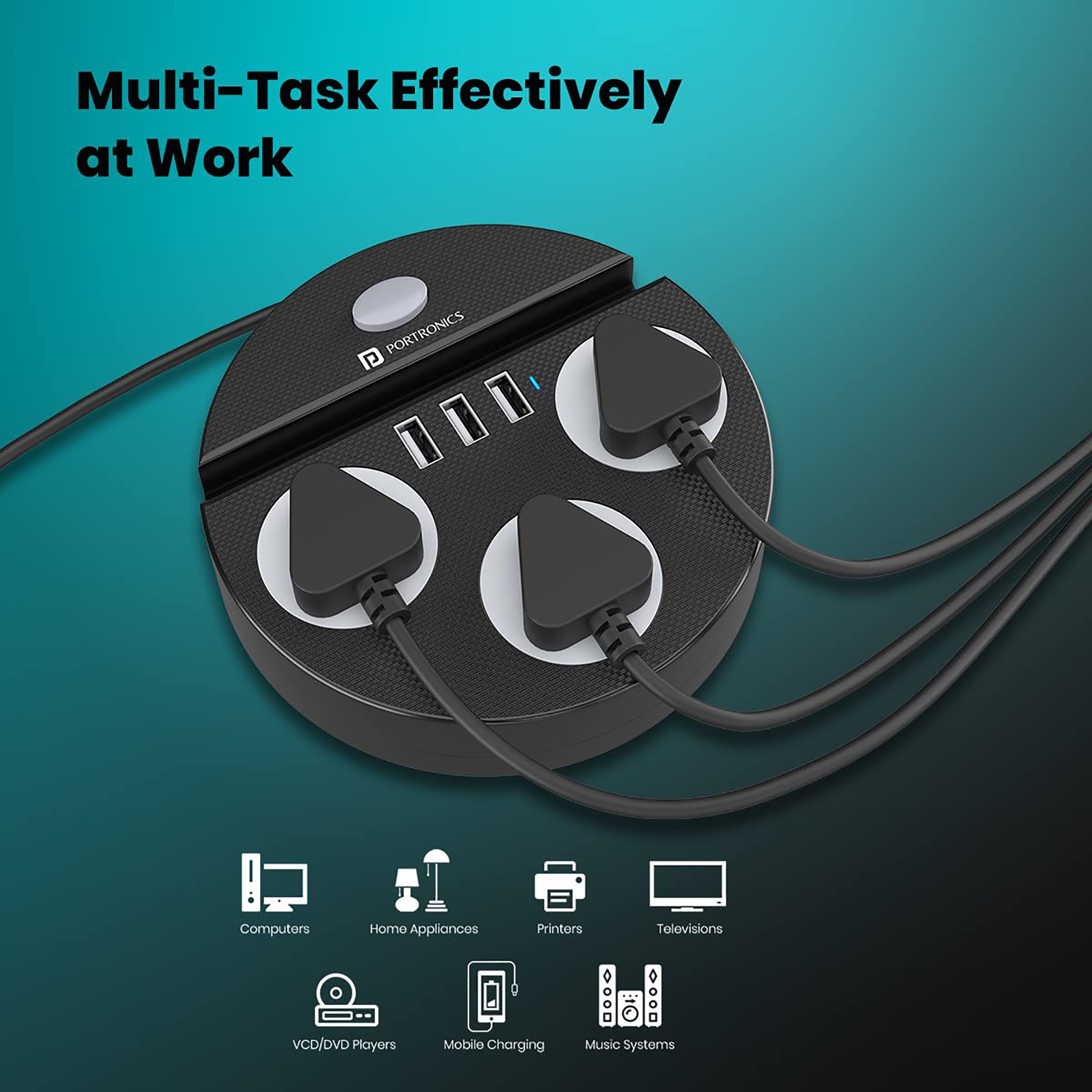 PORTRONICS Power Plate 5 3-Sockets Extension Board (1.5 Meters, 3 USB Charging Slots, POR 1565, Black)_6