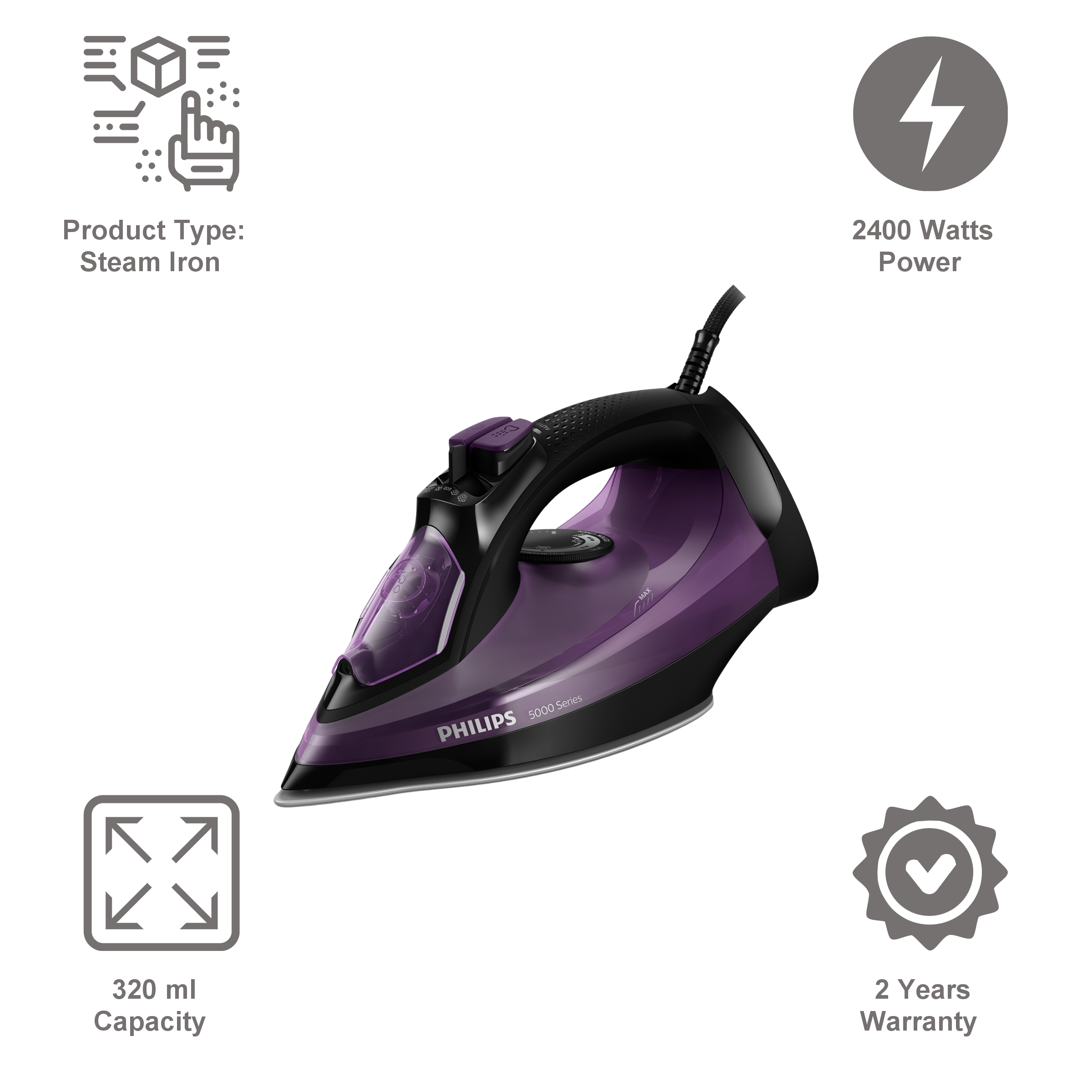 PHILIPS 5000 Series 2400 Watts Steam Iron (SteamGlide Plus, DST5030/80, Black/Purple) PHILIPS 5000 Series 2400 Watts Steam Iron (SteamGlide Plus, DST5030/80, Black/Purple)_5