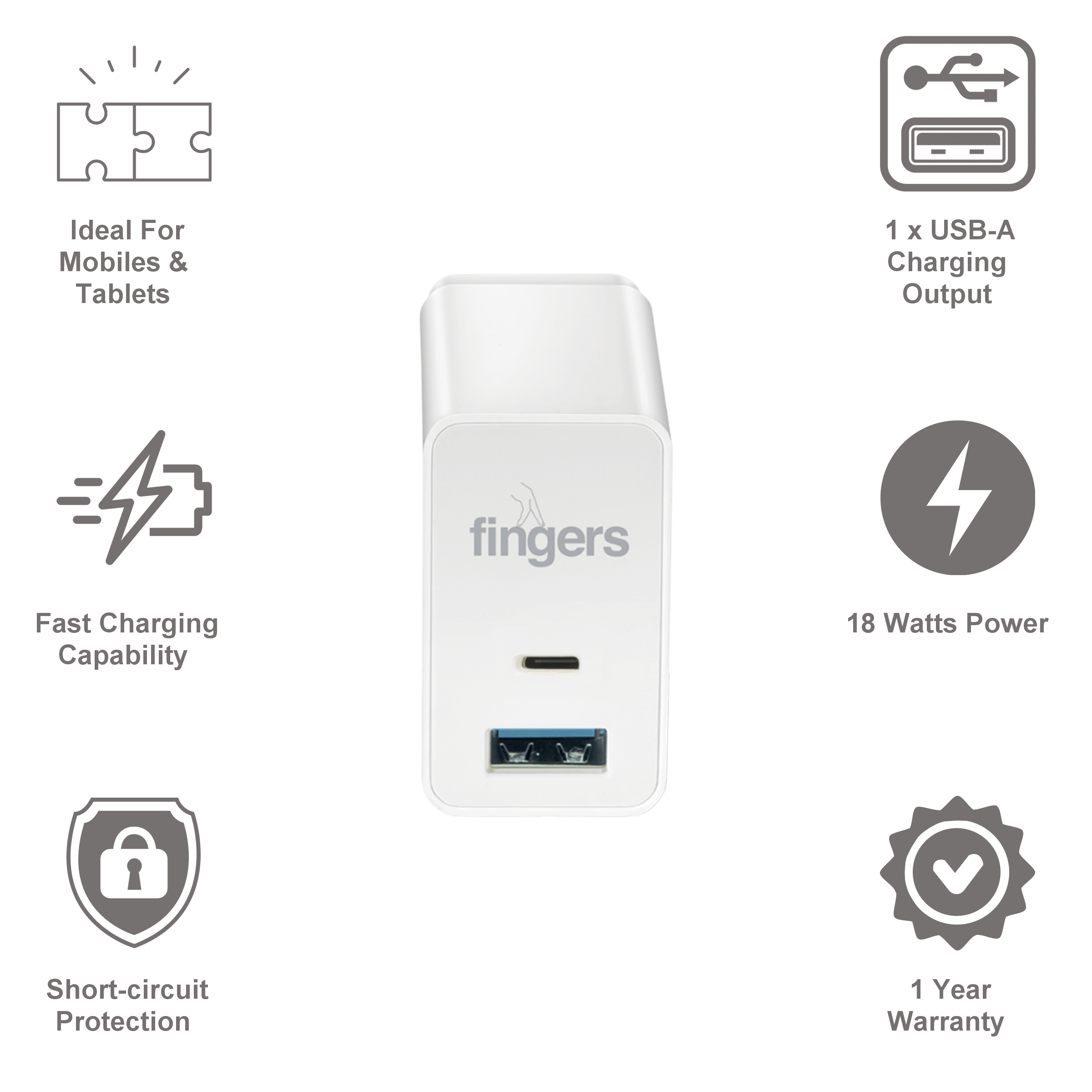 fingers PA-FAST-C 18W Type A and Type C Fast Charger (Type C to Type C Cable, Short Circuits Protection, Piano White)_4