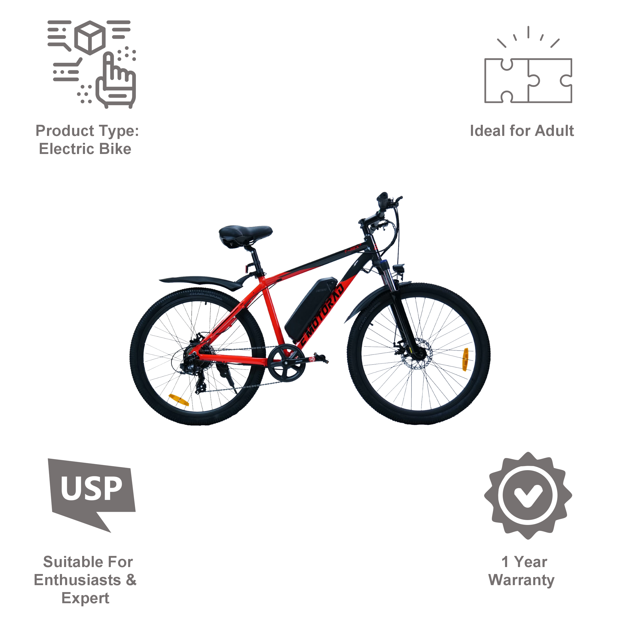 E MOTORAD T-Rex Electric Cycle (250W Hub Motor, M006, Red)_6