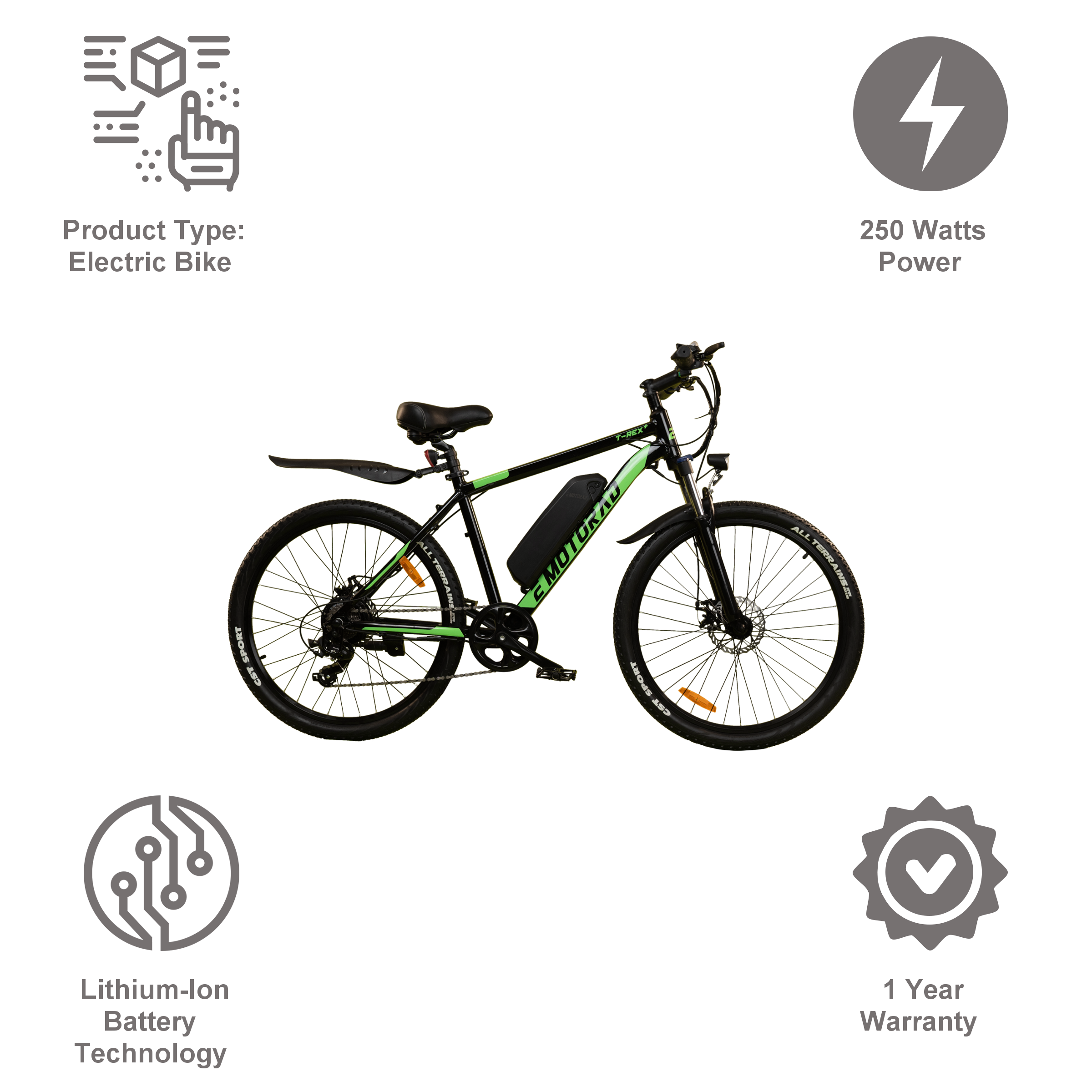 E MOTORAD T-REX+ 250 Watts Electric Cycle (Dual Disc Brakes, M006, Green)_10