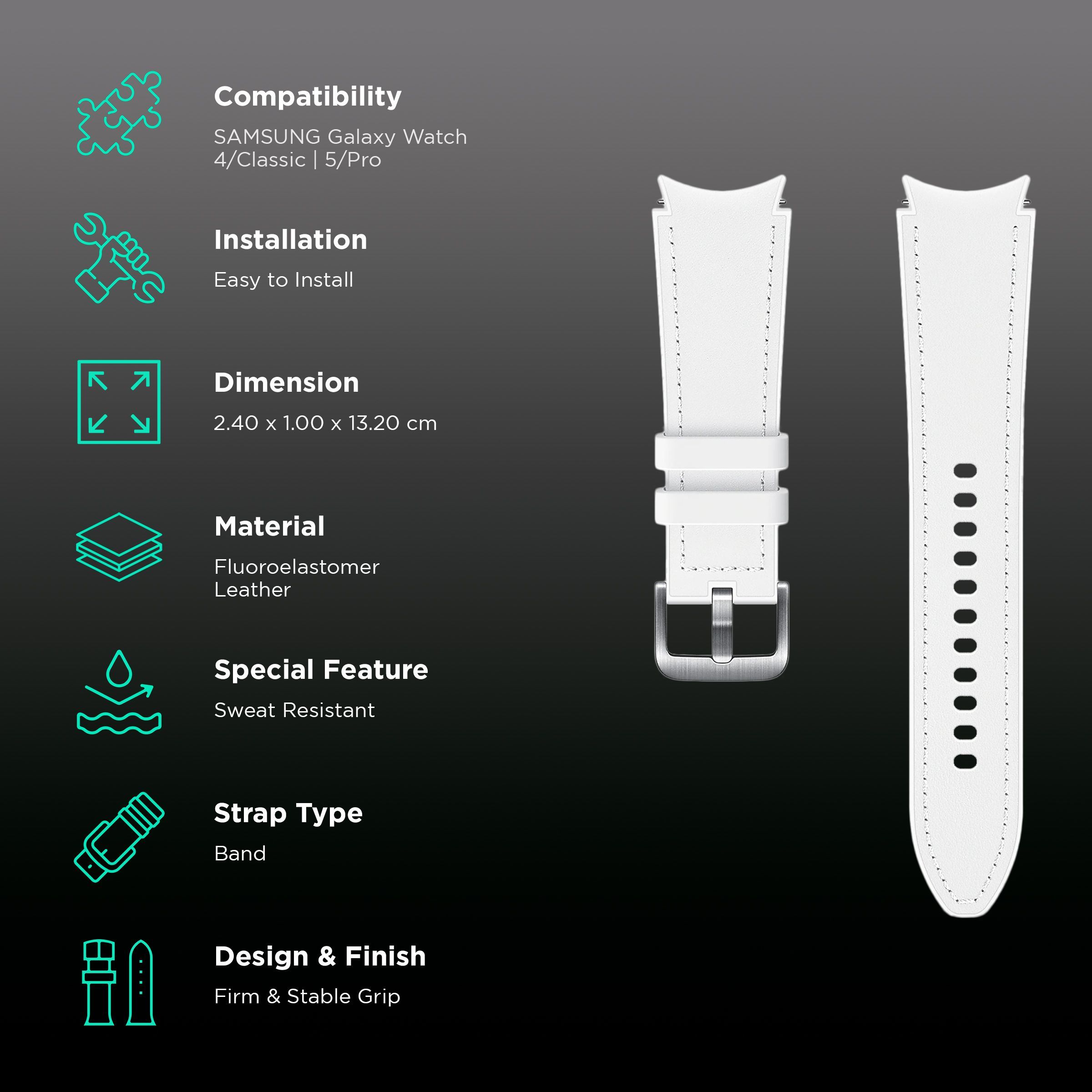 SAMSUNG Hybrid Fluoroelastomer & Leather Band for SAMSUNG Galaxy Watch4, Watch4 Classic, Watch5 & Watch5 Pro (20mm, M / L) (Sweat Resistant, White)_2