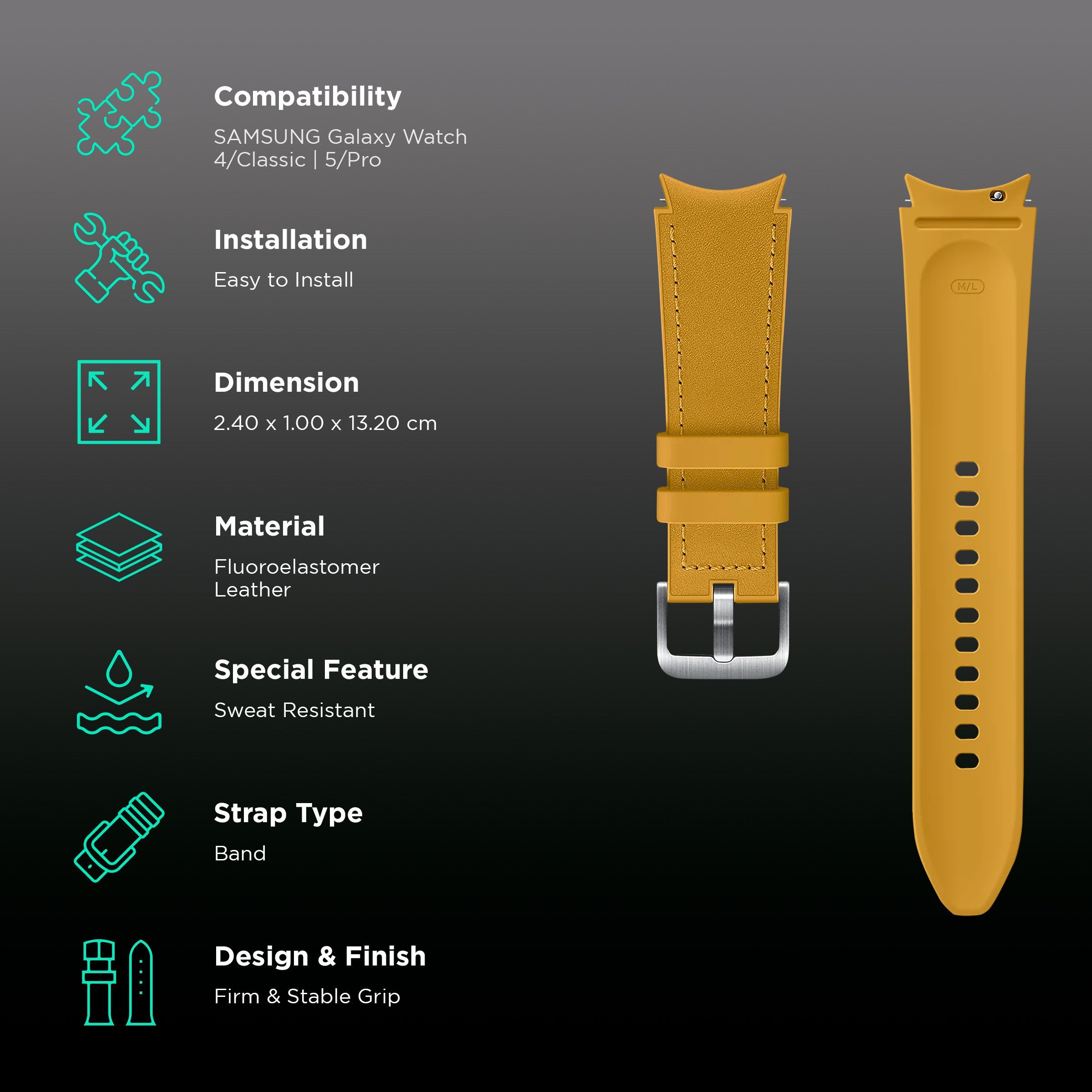 SAMSUNG Hybrid Fluoroelastomer & Leather Band for SAMSUNG Galaxy Watch4, Watch4 Classic, Watch5 & Watch5 Pro (20mm, M / L) (Sweat Resistant, Mustard)_2
