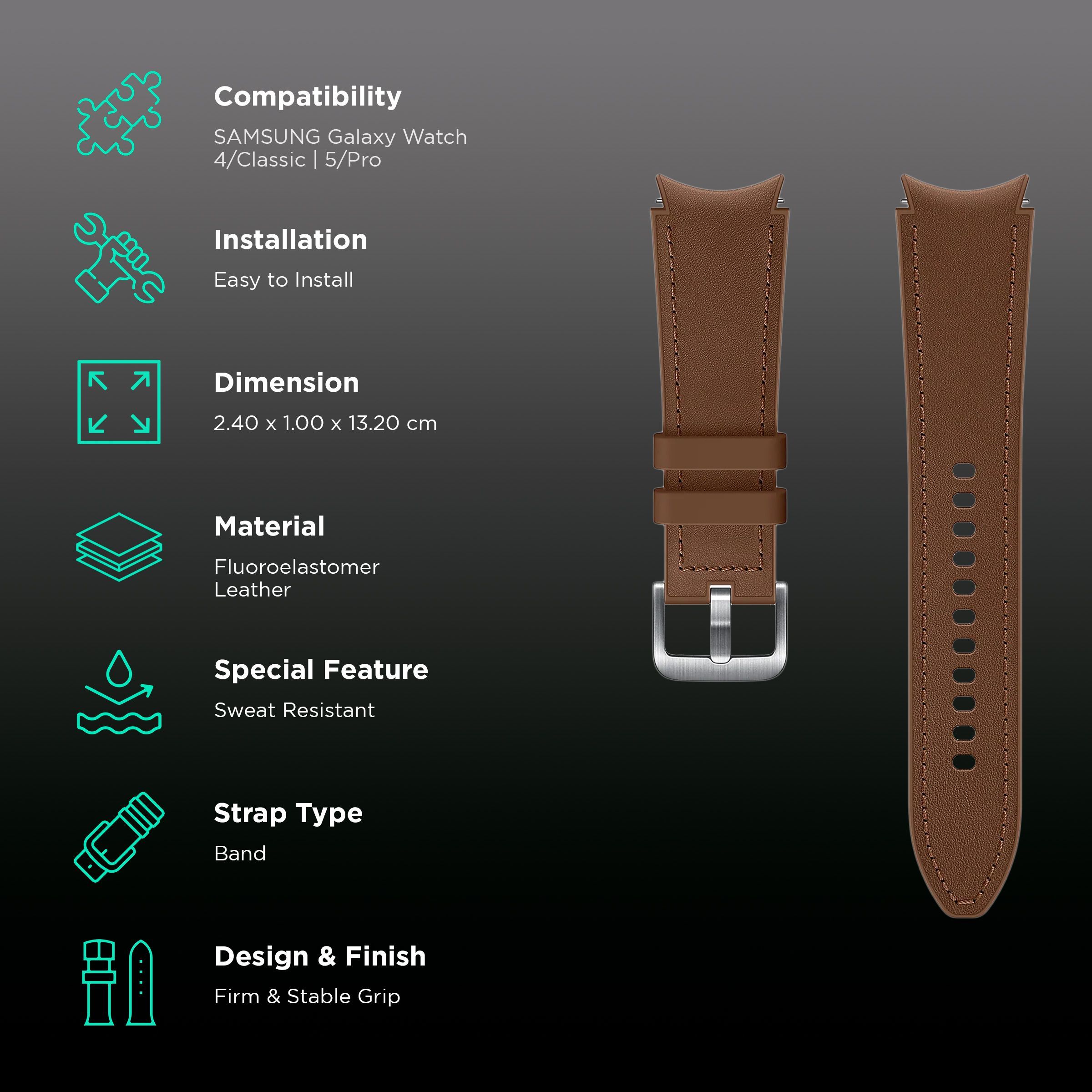 SAMSUNG Hybrid Fluoroelastomer & Leather Band for SAMSUNG Galaxy Watch4, Watch4 Classic, Watch5 & Watch5 Pro (20mm, M / L) (Sweat Resistant, Camel)_2