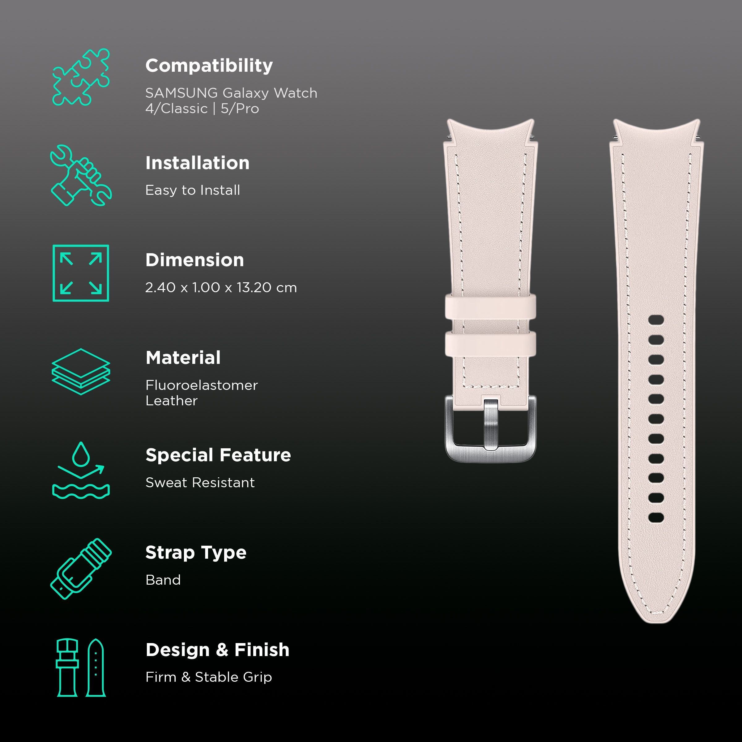 SAMSUNG Hybrid Fluoroelastomer & Leather Band for SAMSUNG Galaxy Watch4, Watch4 Classic, Watch5 & Watch5 Pro (20mm, M / L) (Sweat Resistant, Pink)_2