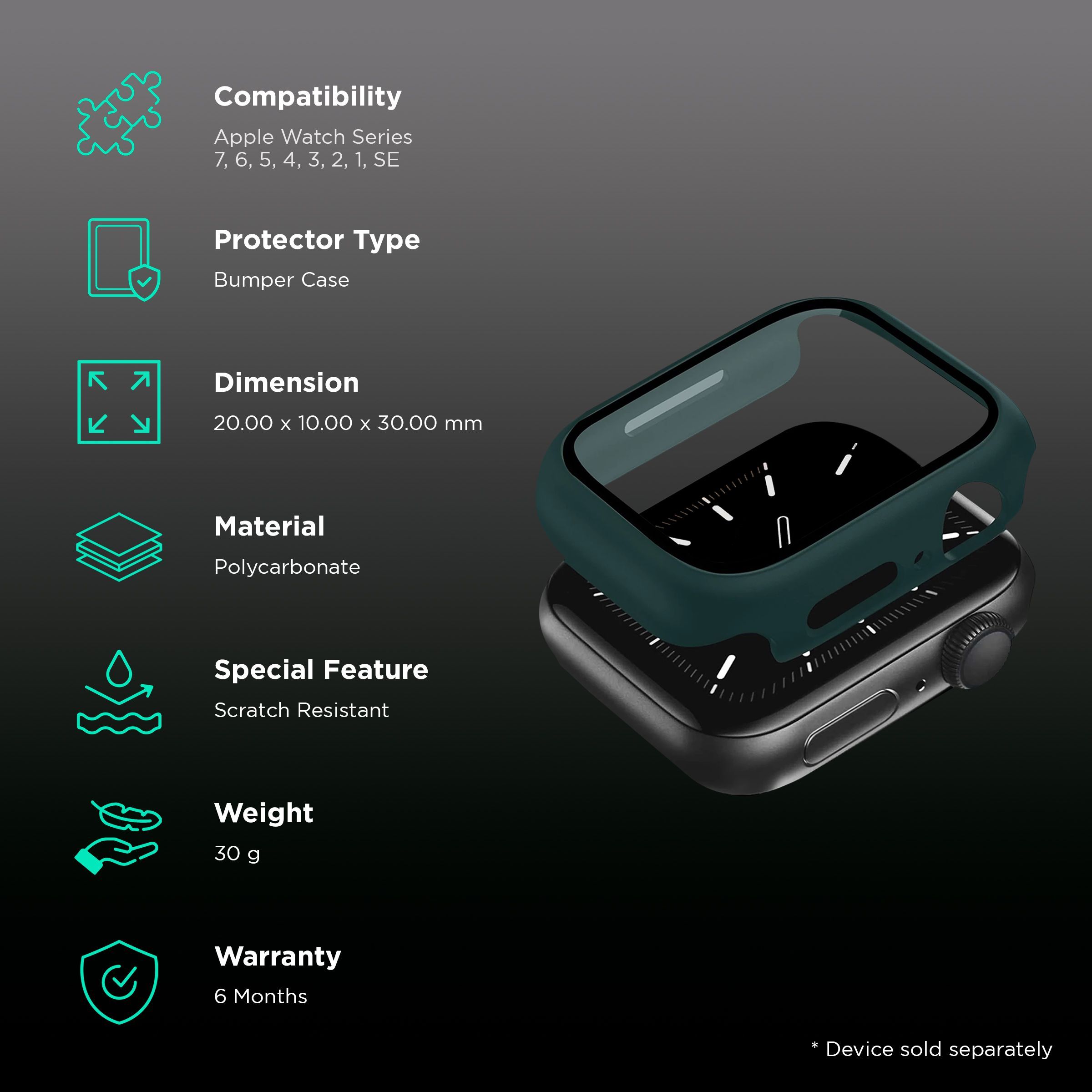 GRIPP Defence Polycarbonate Bumper Case for Apple Watch Series 4, 5, 6, 7, 8, 9 & SE (40mm | 41mm) (Built-in Tempered Glass, Green)_2