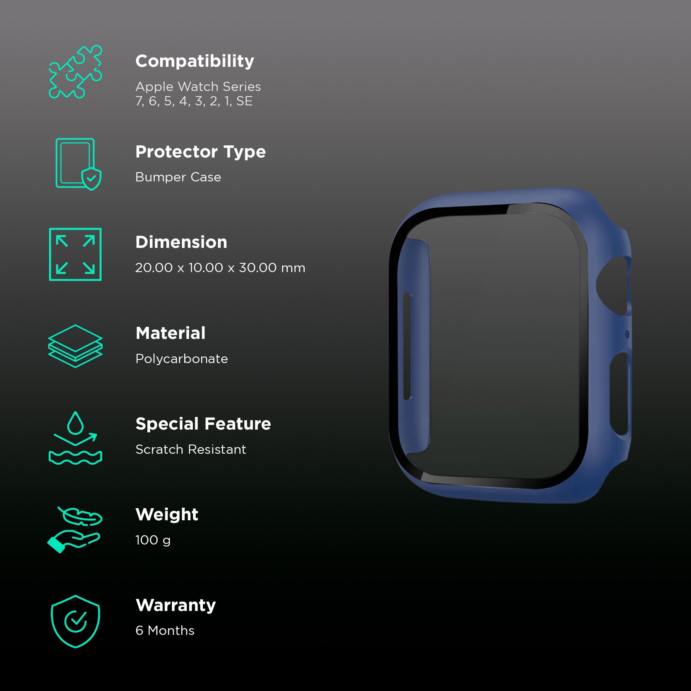 Gripp Defence Polycarbonate Bumper Case for Apple Watch Series 7, 6, 5, 4, 3, 2, 1 & SE (45mm) (Built-in Tempered Glass, Blue)_2