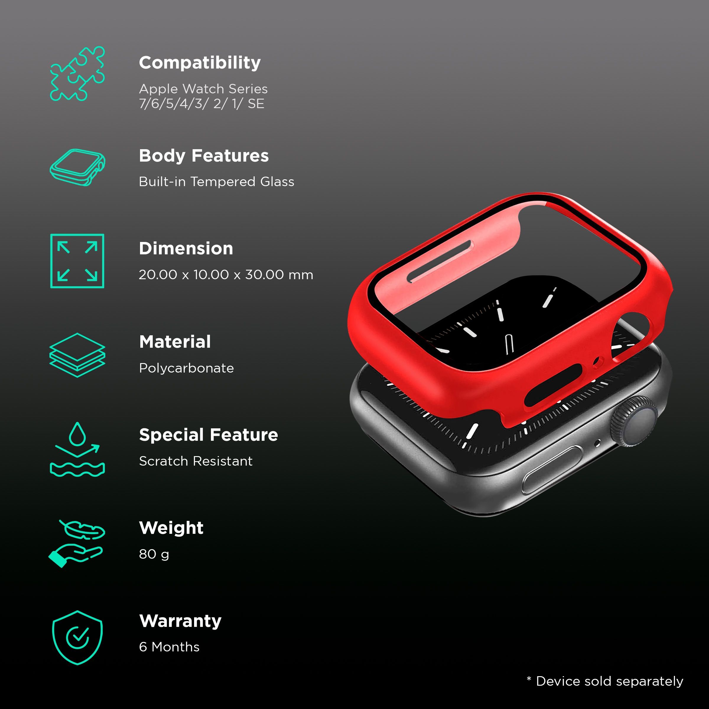 GRIPP Defence Polycarbonate Bumper Case for Apple Watch Series 9, 8, 7, 6, 5, 4, 3, 2, 1 & SE (45mm) (Built-in Tempered Glass, Red)_2