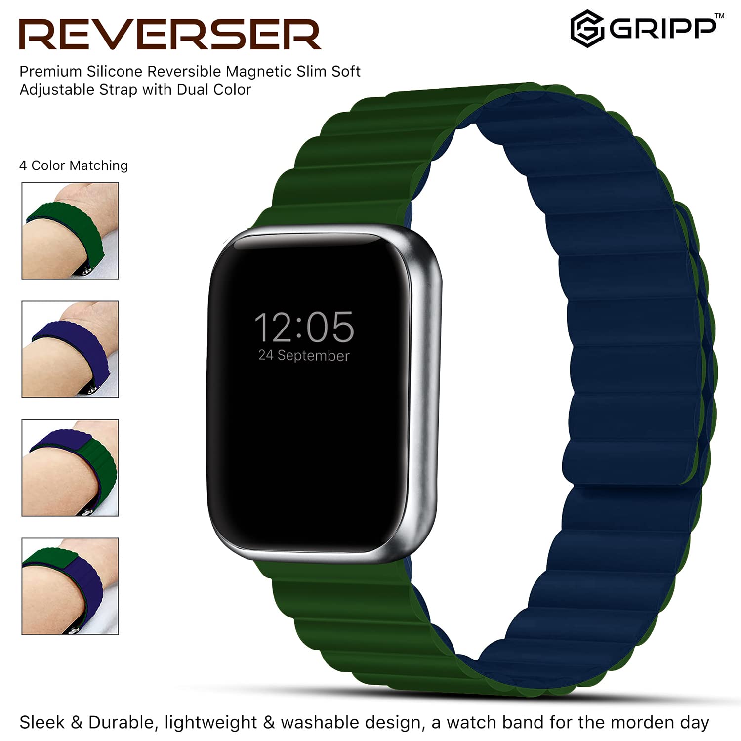 GRIPP Reverser Silicone Magnetic Strap for Apple Watch Series SE, 1, 2, 3, 4, 5, 6, 7, 8, 9 & 10 (40mm / 41mm / 42mm) (Perfect Fit, Green & Blue)_8