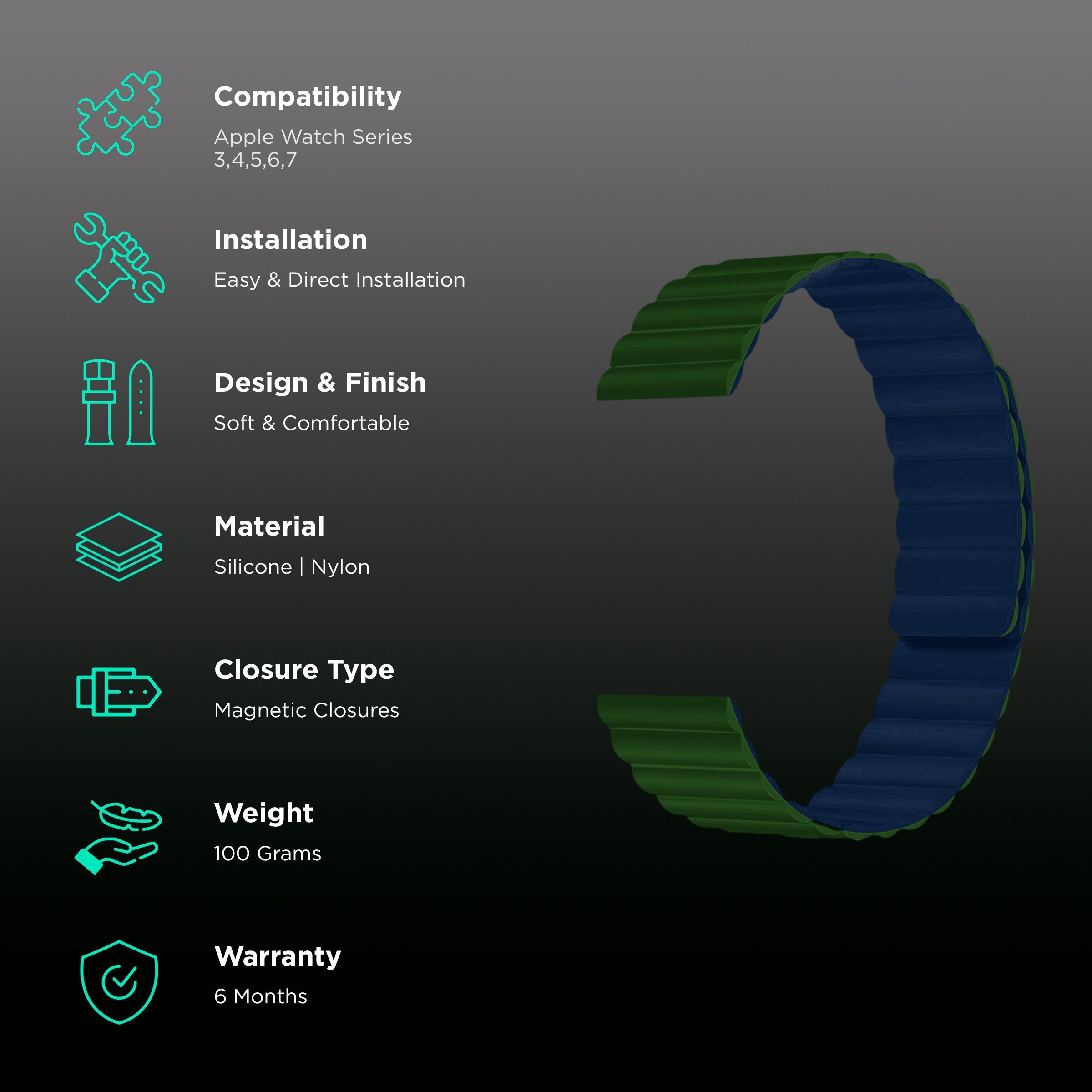 GRIPP Reverser Silicone Magnetic Strap for Apple Watch Series SE, 1, 2, 3, 4, 5, 6, 7, 8, 9 & 10 (40mm / 41mm / 42mm) (Perfect Fit, Green & Blue)_2