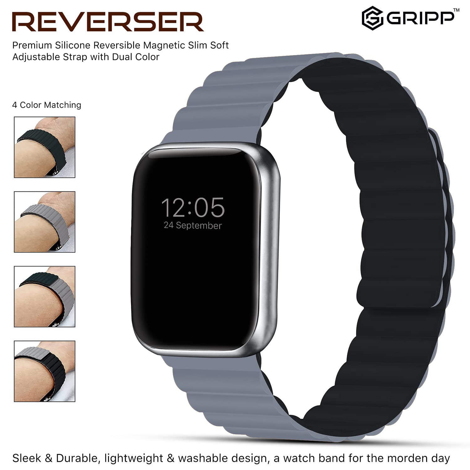 GRIPP Reverser Silicone Magnetic Strap for Apple Watch Series SE, 1, 2, 3, 4, 5, 6, 7, 8, 9 & 10 (40mm / 41mm / 42mm) (Perfect Fit, Grey & Black)_8