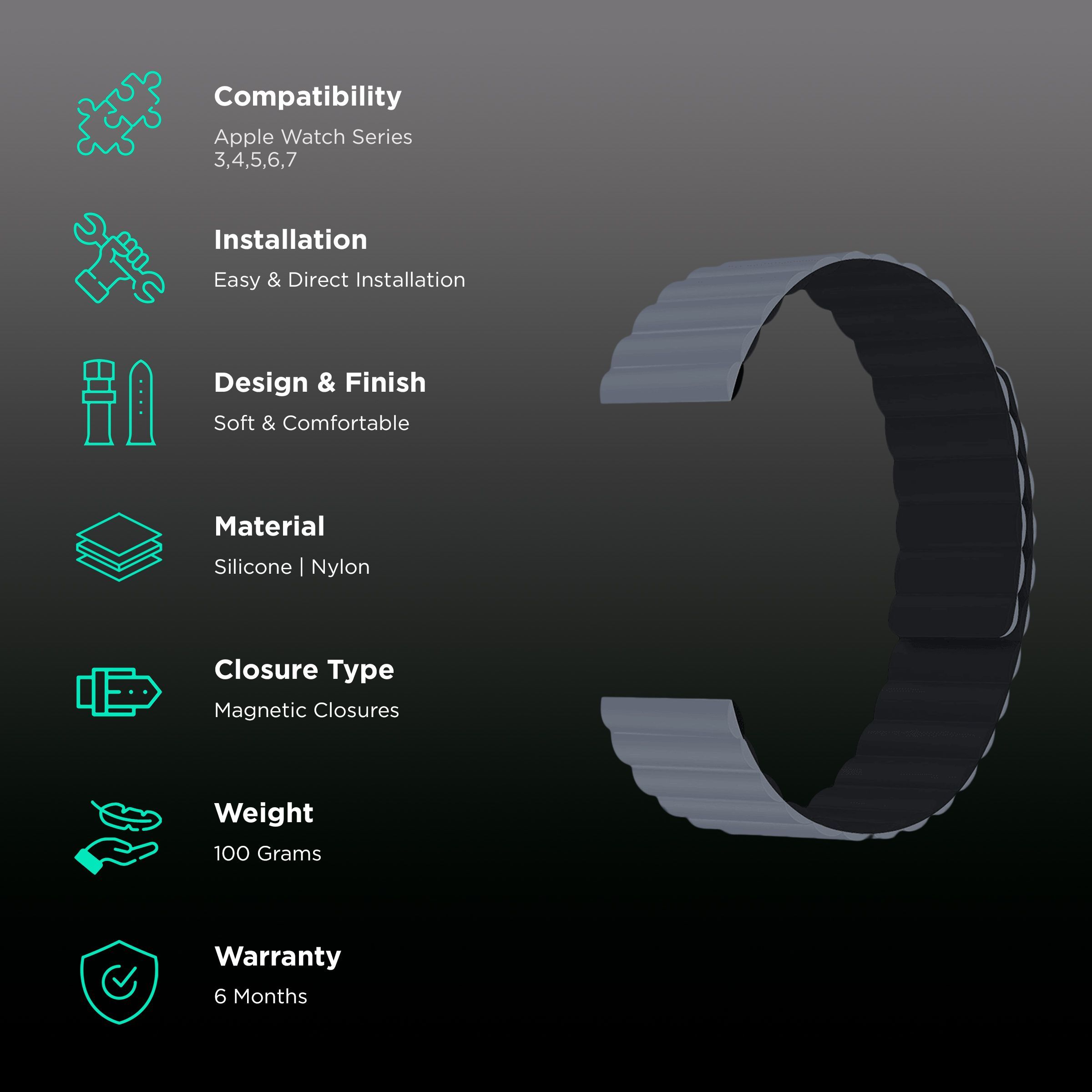 GRIPP Reverser Silicone Magnetic Strap for Apple Watch Series SE, 1, 2, 3, 4, 5, 6, 7, 8, 9 & 10 (40mm / 41mm / 42mm) (Perfect Fit, Grey & Black)_2