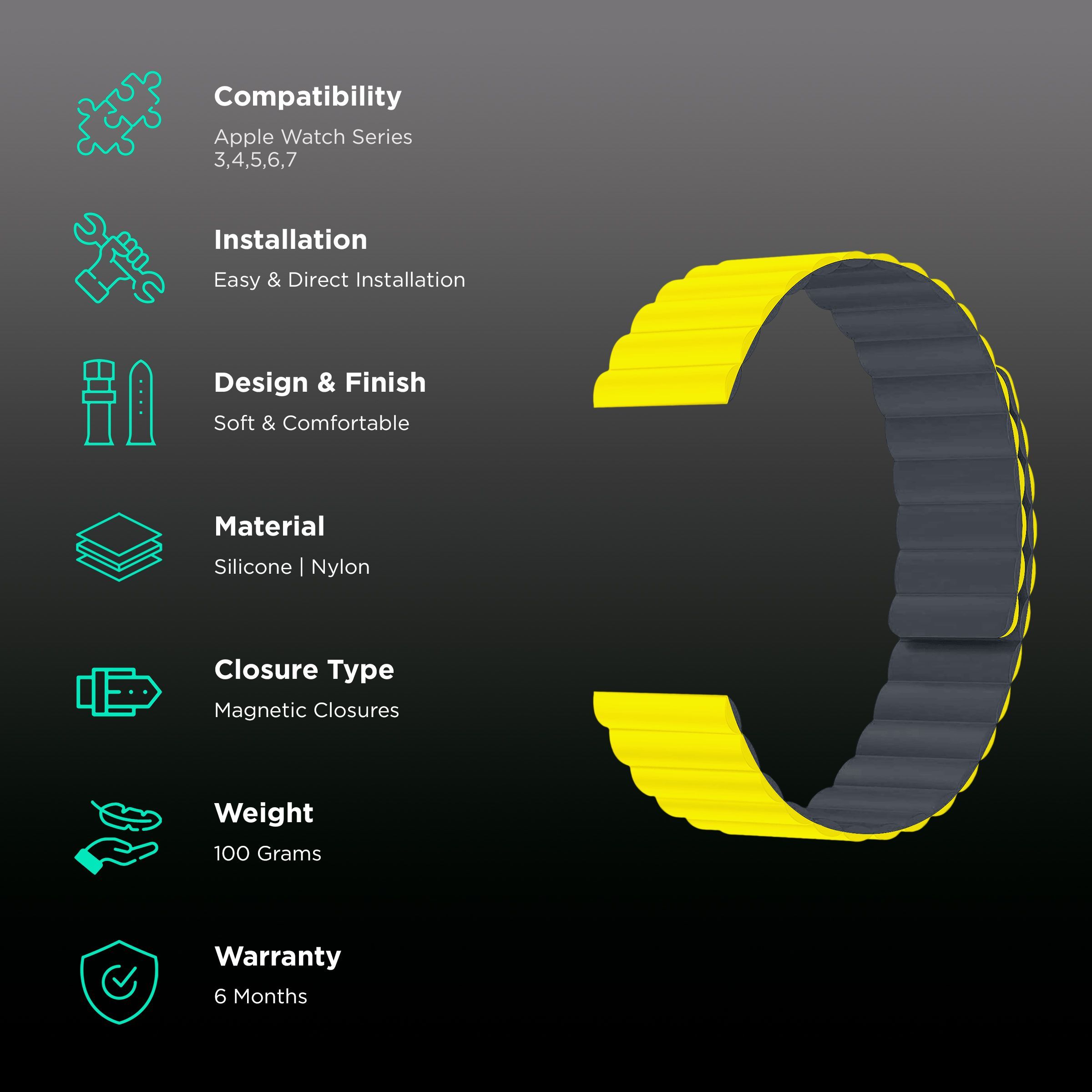 GRIPP Reverser Silicone Magnetic Strap for Apple Watch Series SE, 1, 2, 3, 4, 5, 6, 7, 8, 9 & 10 (40mm / 41mm / 42mm) (Perfect Fit, Grey & Yellow)_2