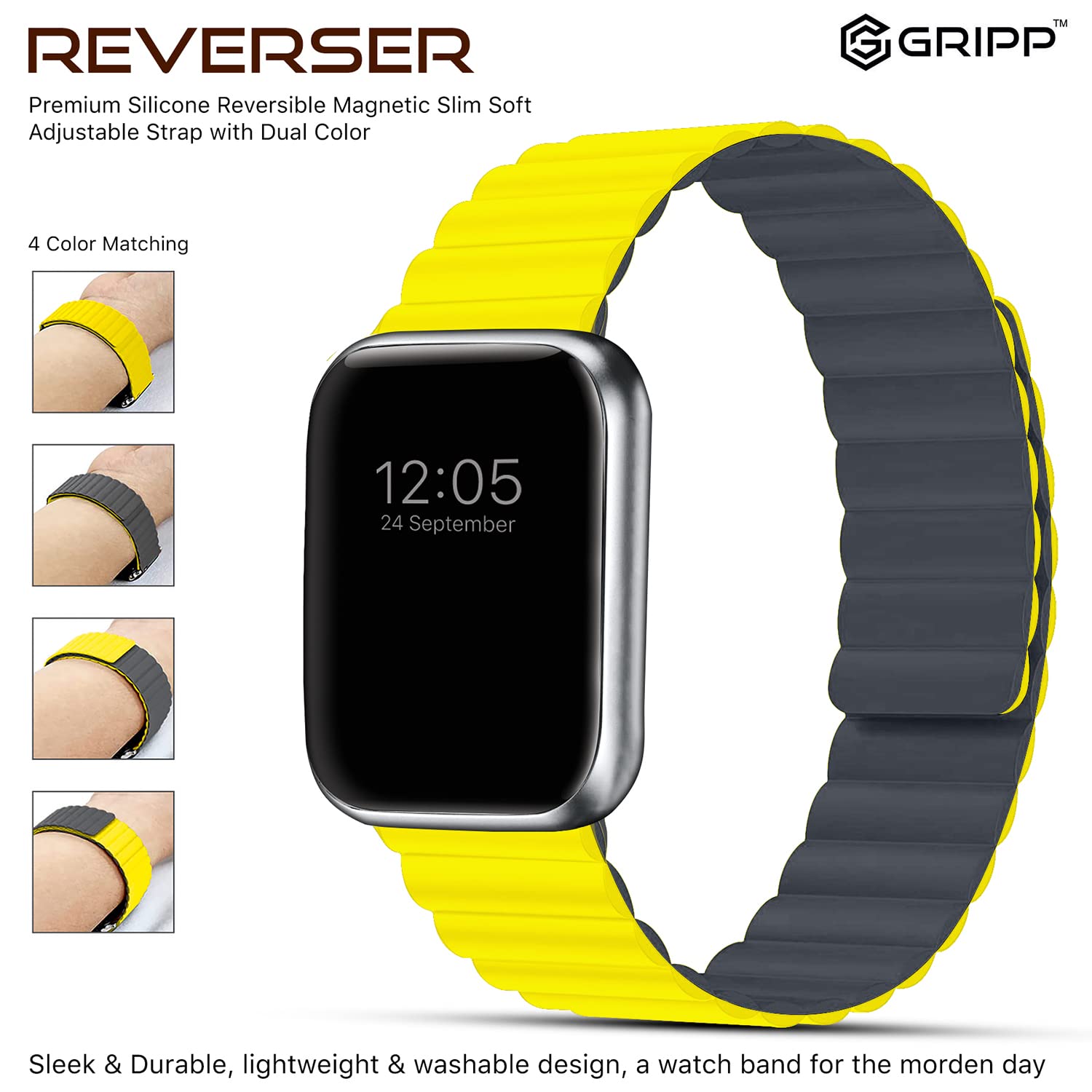 GRIPP Reverser Silicone Magnetic Strap for Apple Watch Series SE, 1, 2, 3, 4, 5, 6, 7, 8, 9 & 10 (40mm / 41mm / 42mm) (Perfect Fit, Grey & Yellow)_7