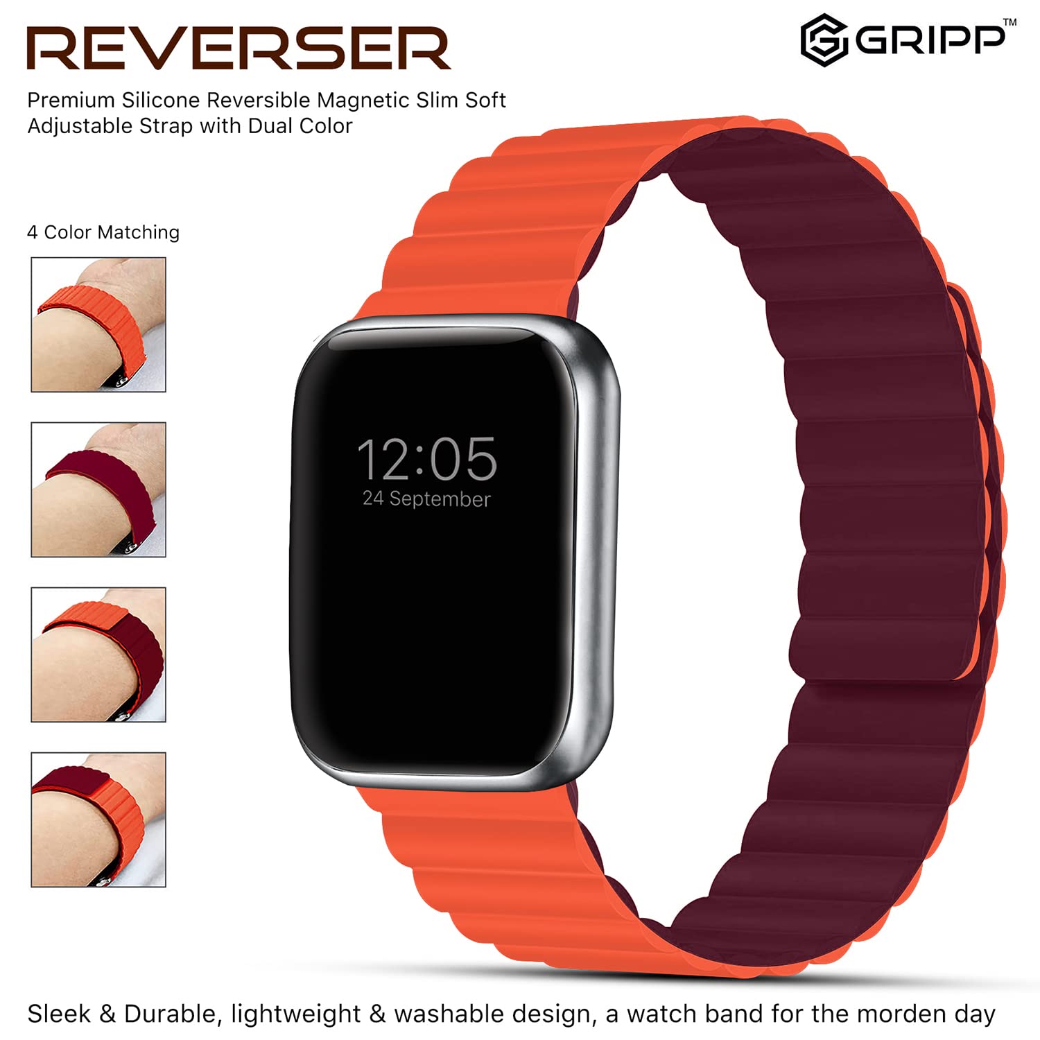 GRIPP Reverser Silicone Magnetic Strap for Apple Watch Series SE, 1, 2, 3, 4, 5, 6, 7, 8, 9 & 10 (40mm / 41mm / 42mm) (Perfect Fit, Wine Red & Red)_8