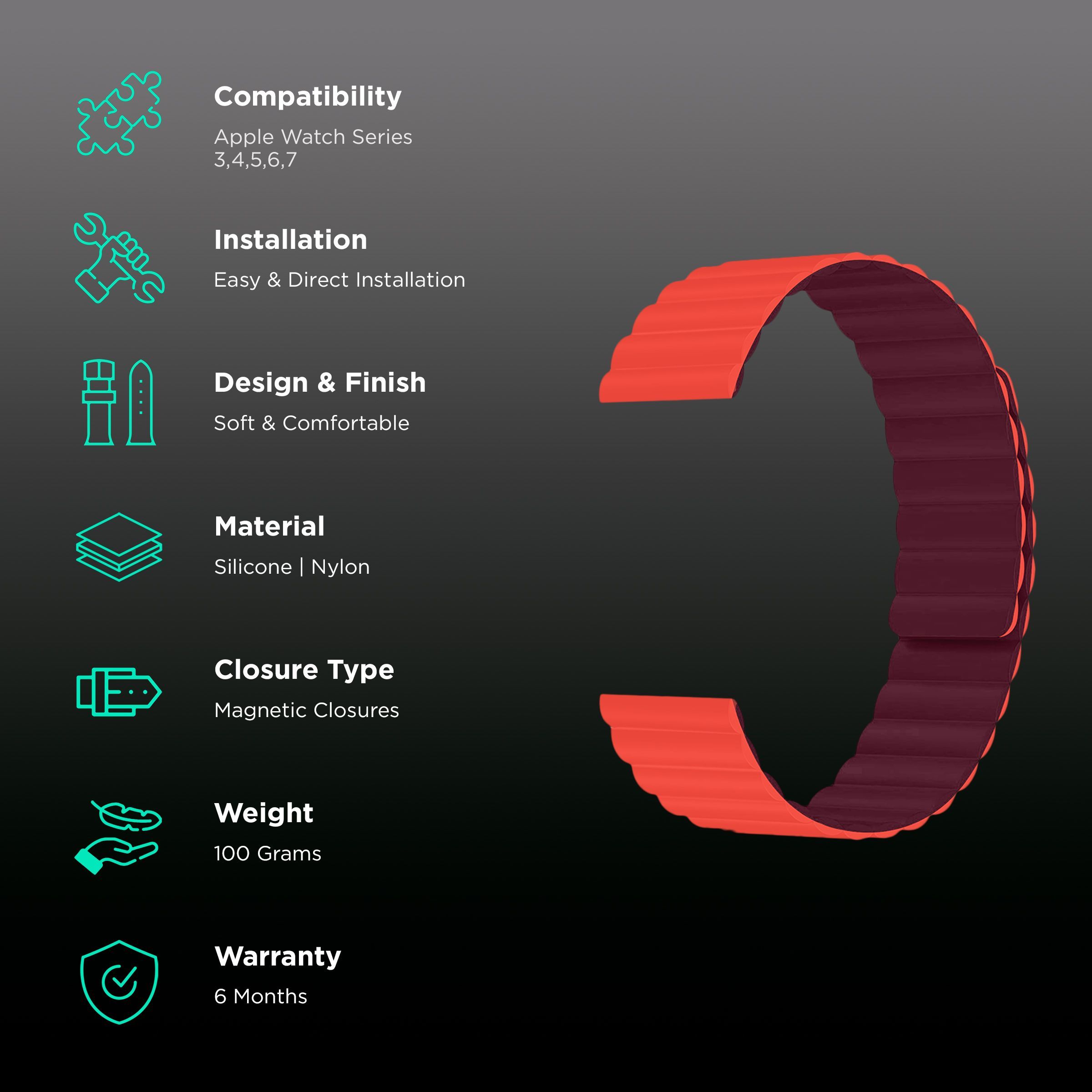 GRIPP Reverser Silicone Magnetic Strap for Apple Watch Series SE, 1, 2, 3, 4, 5, 6, 7, 8, 9 & 10 (40mm / 41mm / 42mm) (Perfect Fit, Wine Red & Red)_2