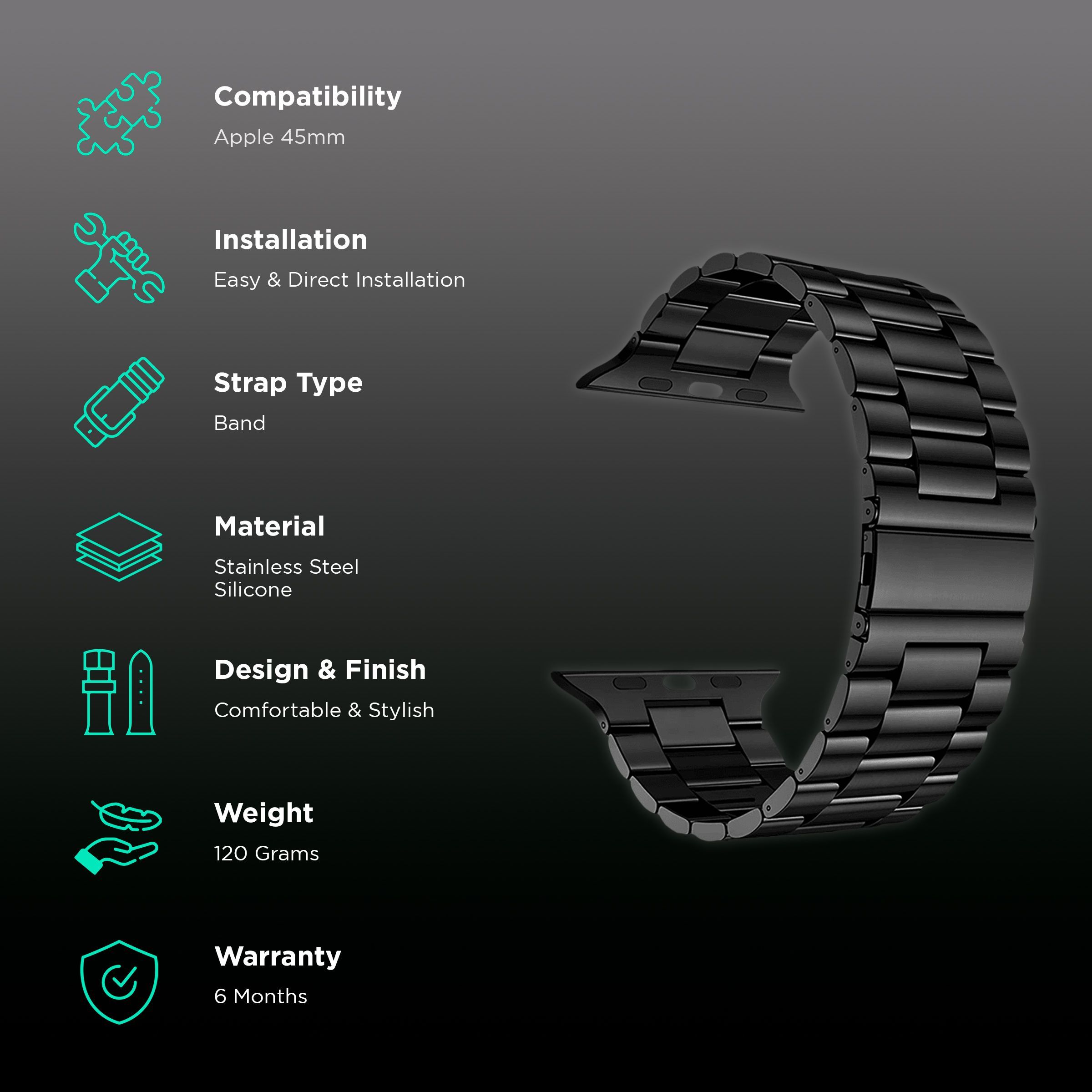 GRIPP Malleable Stainless Steel & Silicone Strap for Apple Watch Series Ultra, Ultra 2, SE, 4, 5, 6, 7, 8, 9, 10 (44mm / 45mm / 46mm / 49mm) (Safe & Secure, Black)_2