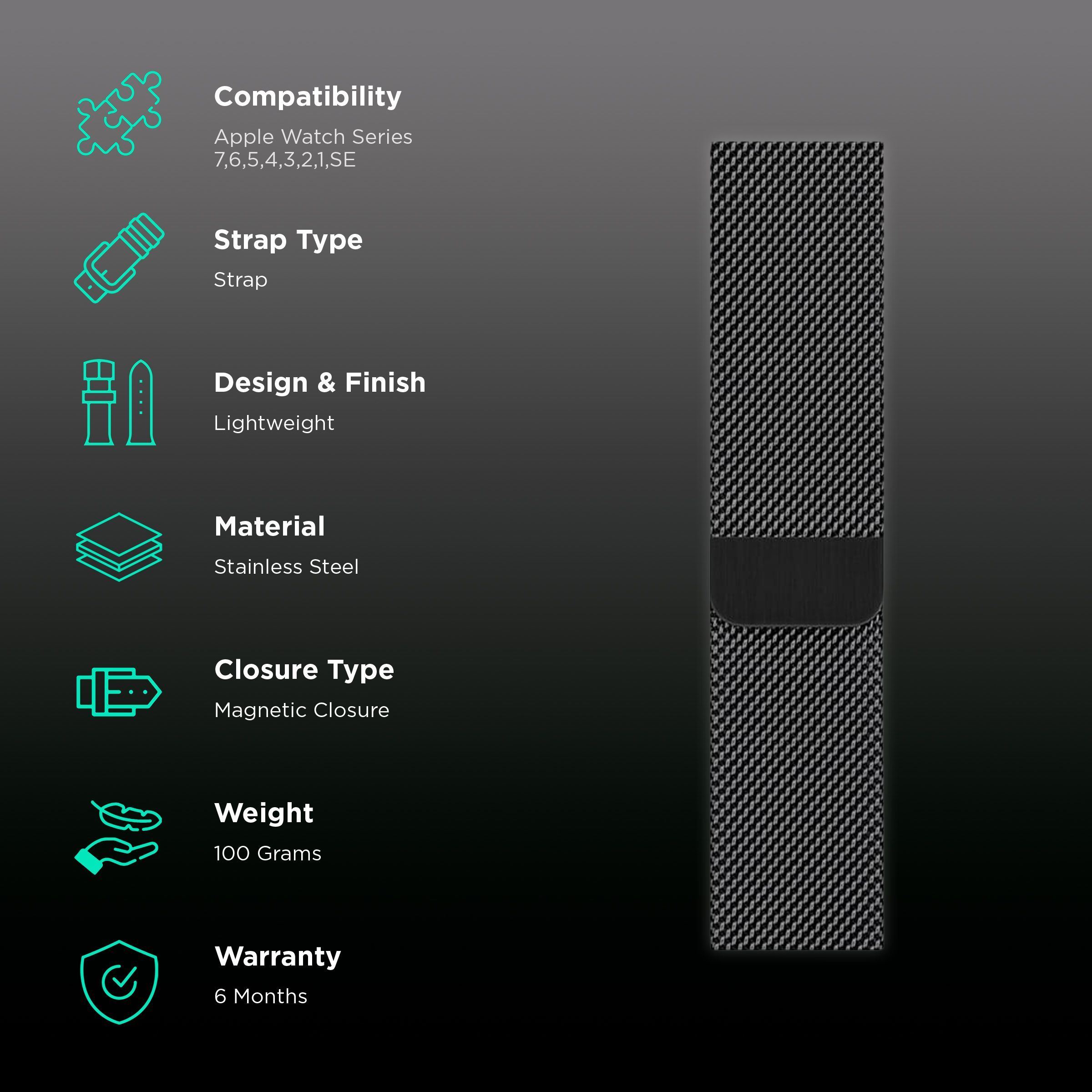 GRIPP Milanese Stainless Steel Magnetic Strap for Apple Watch Series SE, 8, 7, 6, 5, 4, 3, 2 & 1 (42mm / 44mm) (One Button Removal, Black)_2