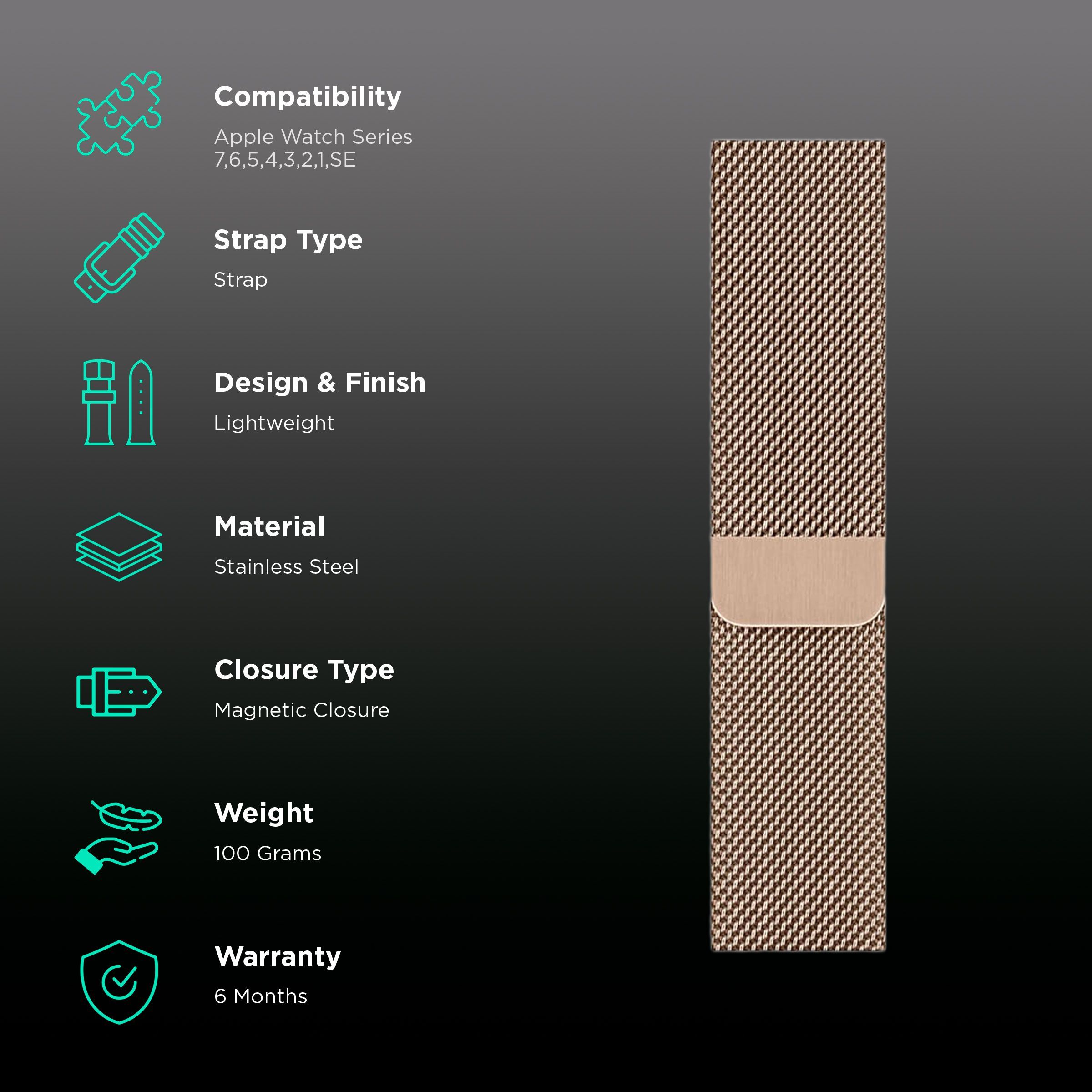 GRIPP Milanese Stainless Steel Magnetic Strap for Apple Watch Series SE, 8, 7, 6, 5, 4, 3, 2 & 1 (42mm / 44mm) (One Button Removal, Gold)_2