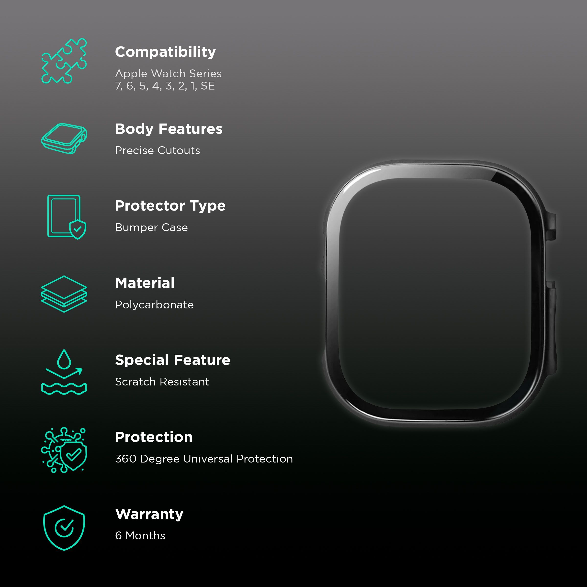 Gripp Defence Polycarbonate Bumper Case for Apple Watch Series 7, 6, 5, 4, 3, 2, 1 & SE (49mm) (Built-in Tempered Glass, Black)_2