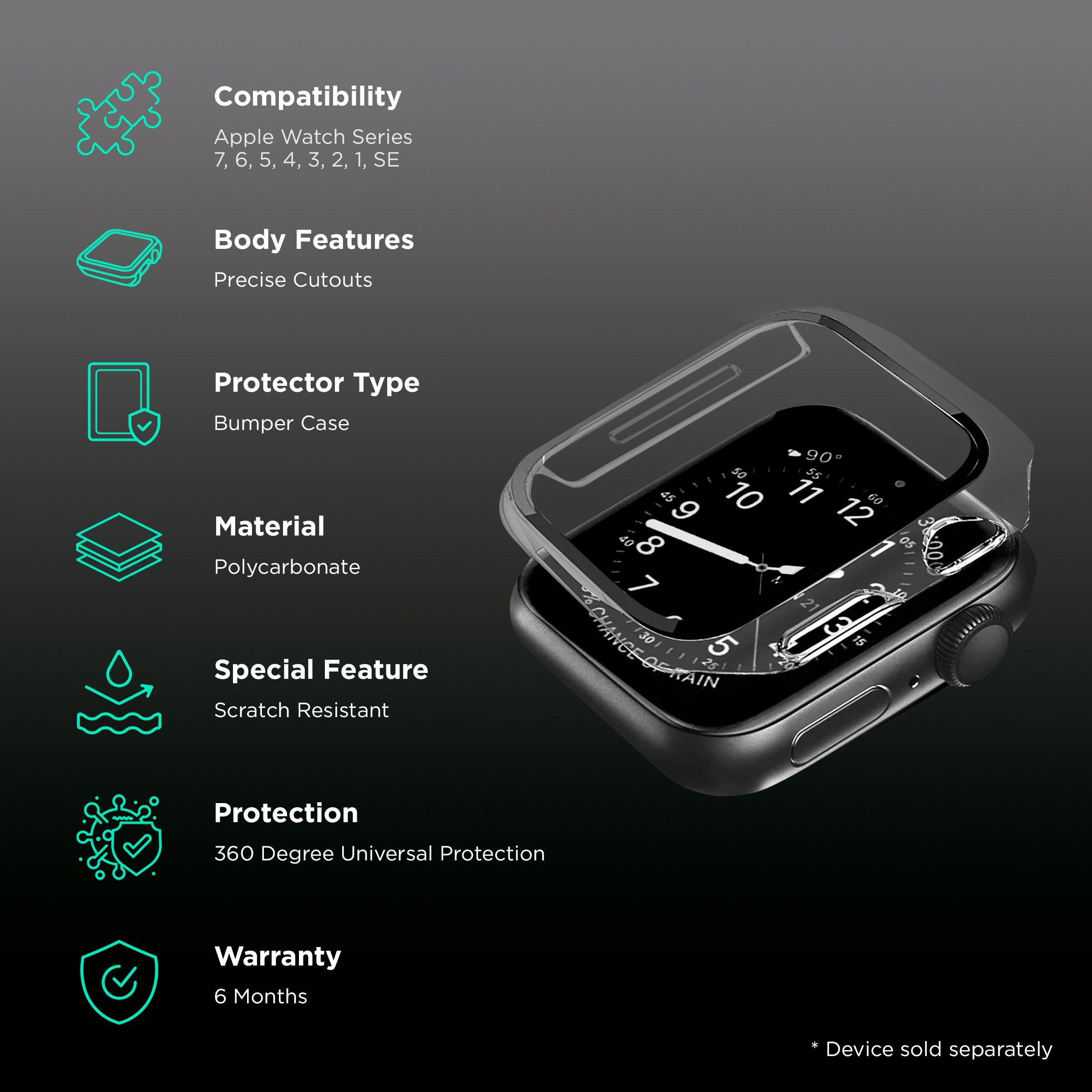 Gripp Defence Polycarbonate Bumper Case for Apple Watch Series 7, 6, 5, 4, 3, 2, 1 & SE (49mm) (Built-in Tempered Glass, Transparent)_2