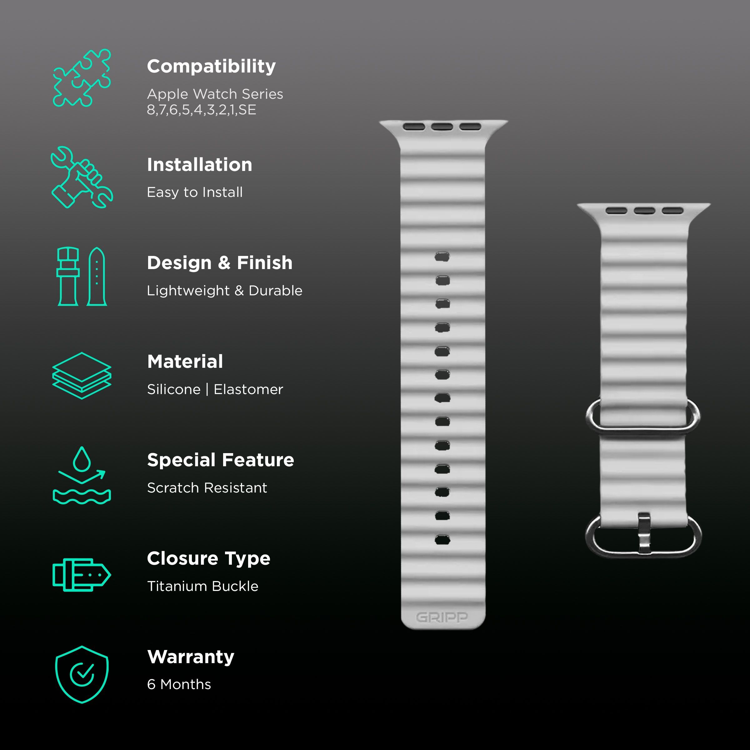 Gripp Solo Silicon & Elastomer Strap for Apple Watch Series 8, 7, 6, 5, 4, 3, 2, 1 & SE (45mm / 49mm) (Lightweight & Durable, White)_2