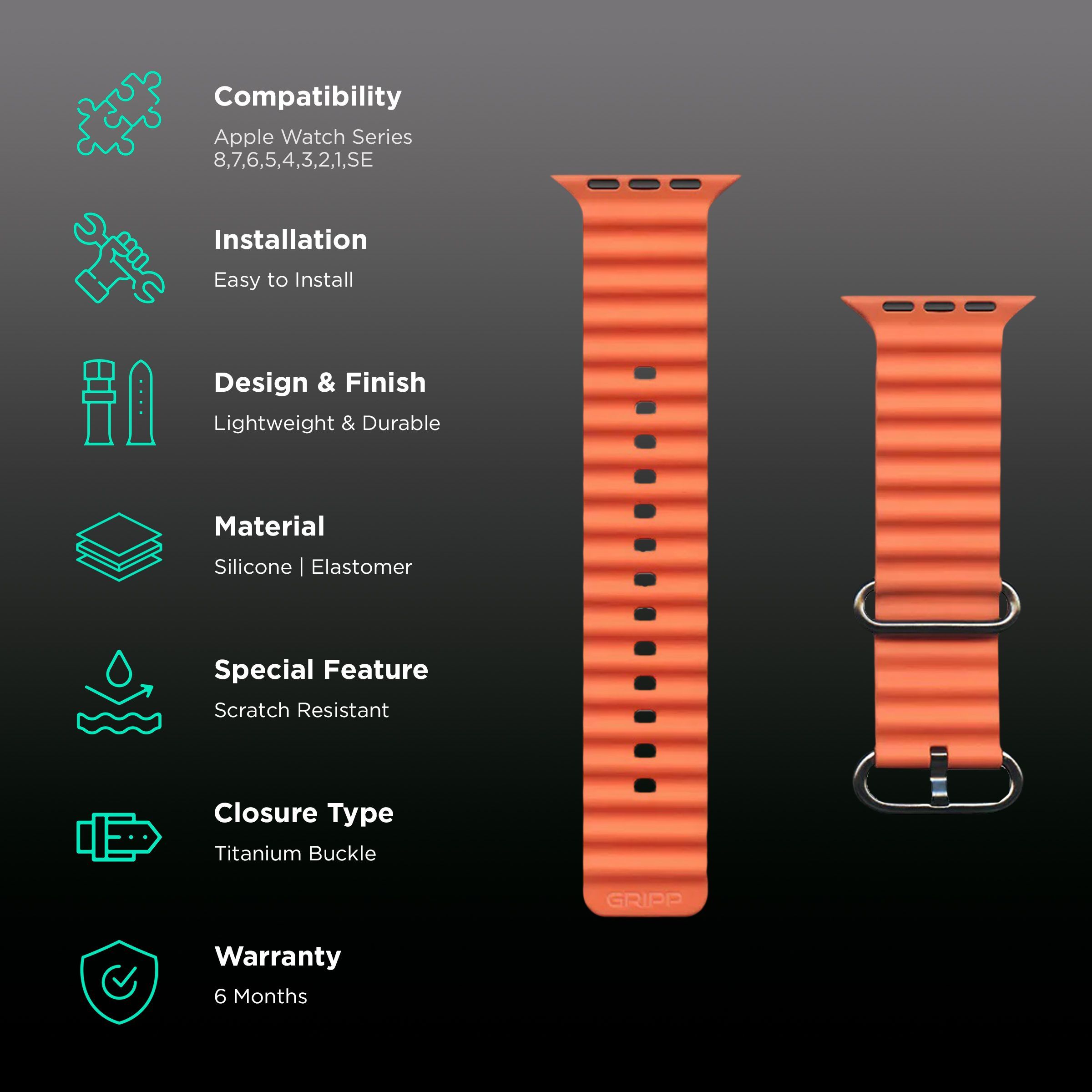 Gripp Solo Silicon & Elastomer Strap for Apple Watch Series 8, 7, 6, 5, 4, 3, 2, 1 & SE (45mm / 49mm) (Lightweight & Durable, Orange)_2