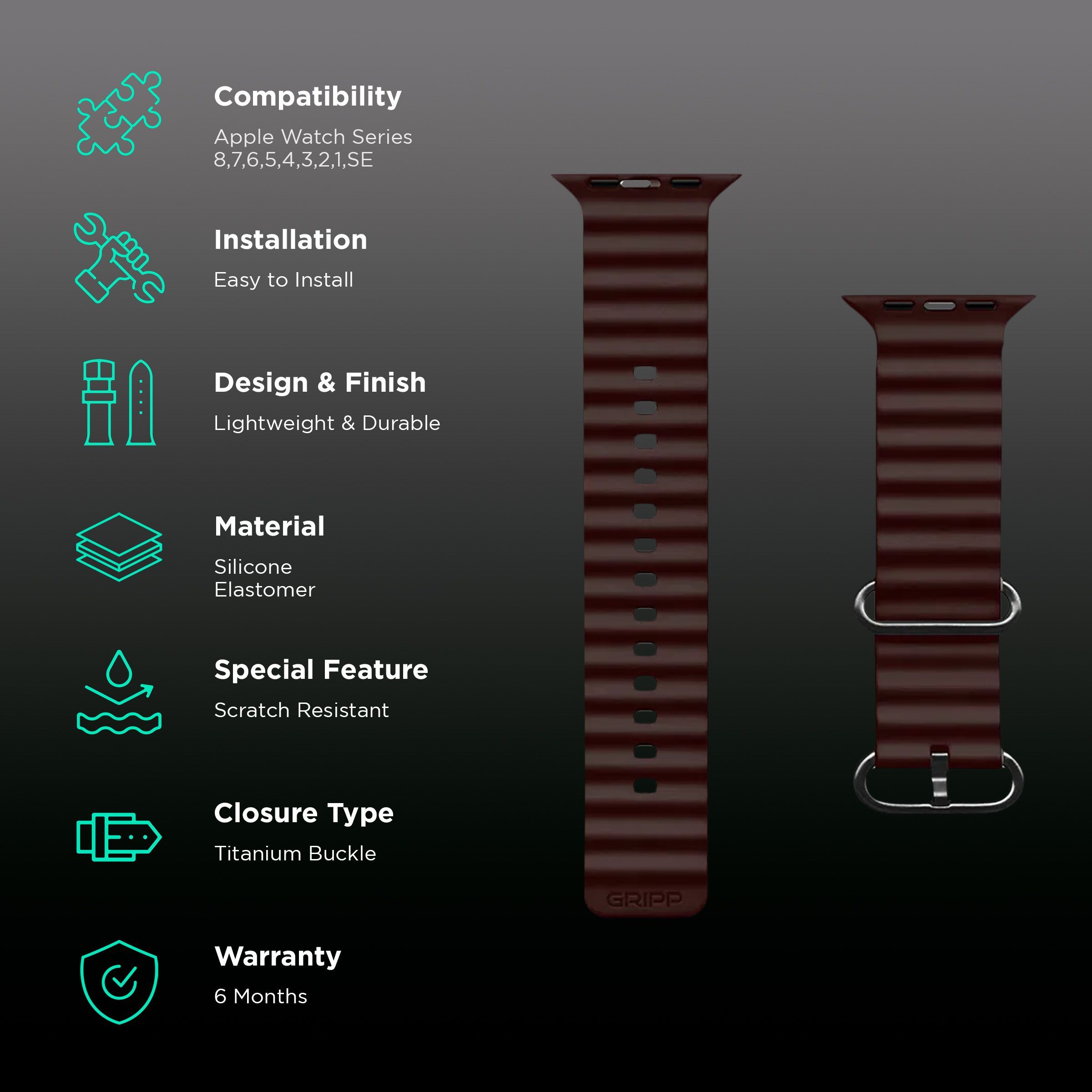 Gripp Solo Silicon & Elastomer Strap for Apple Watch Series 8, 7, 6, 5, 4, 3, 2, 1 & SE (45mm / 49mm) (Lightweight & Durable, Brown)_2