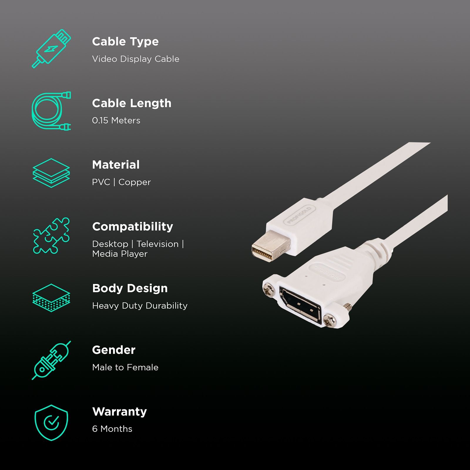 PROFIGOLD Mini DisplayPort to Display Port 0.65 Feet (0.15M) Cable (Oxygen Free Copper, White)_2