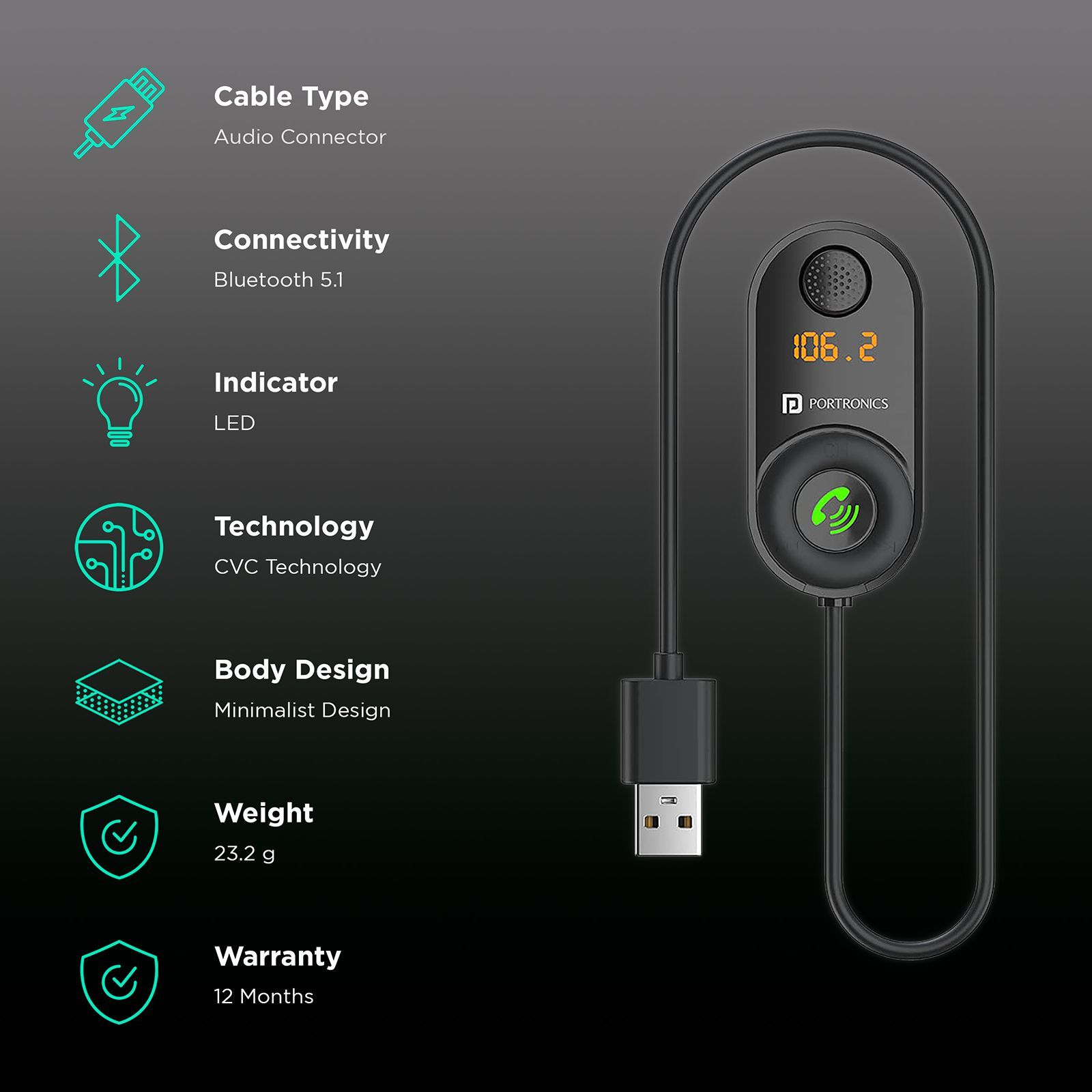 PORTRONICS POR 1317 Audio Connector (Google Assistant and Siri Supported, Auto 17, Black)_2