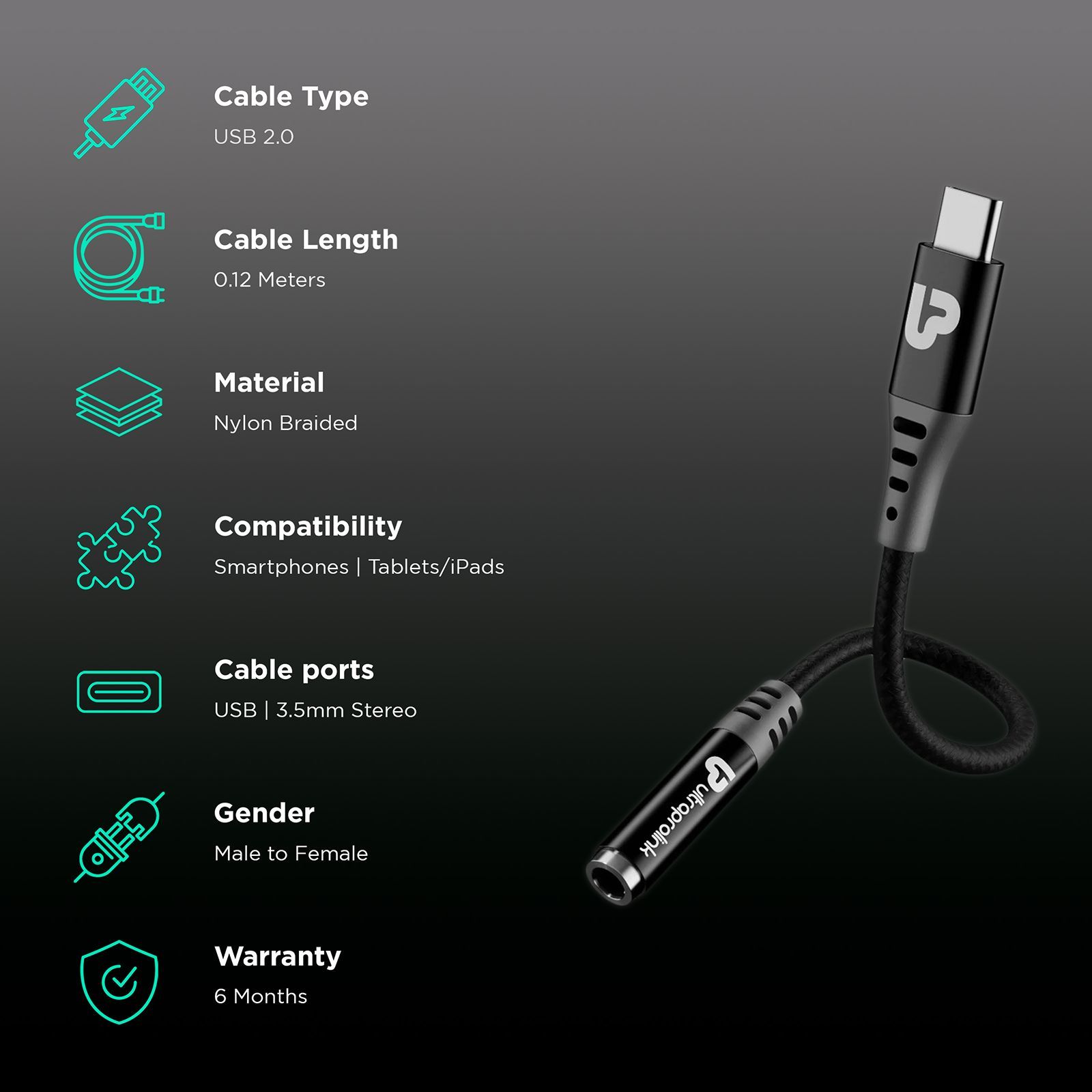 ultraprolink Audio Link Type C to 3.5mm Aux 0.39 Feet (0.12M) Adapter (High Definition Sound, Black)_2