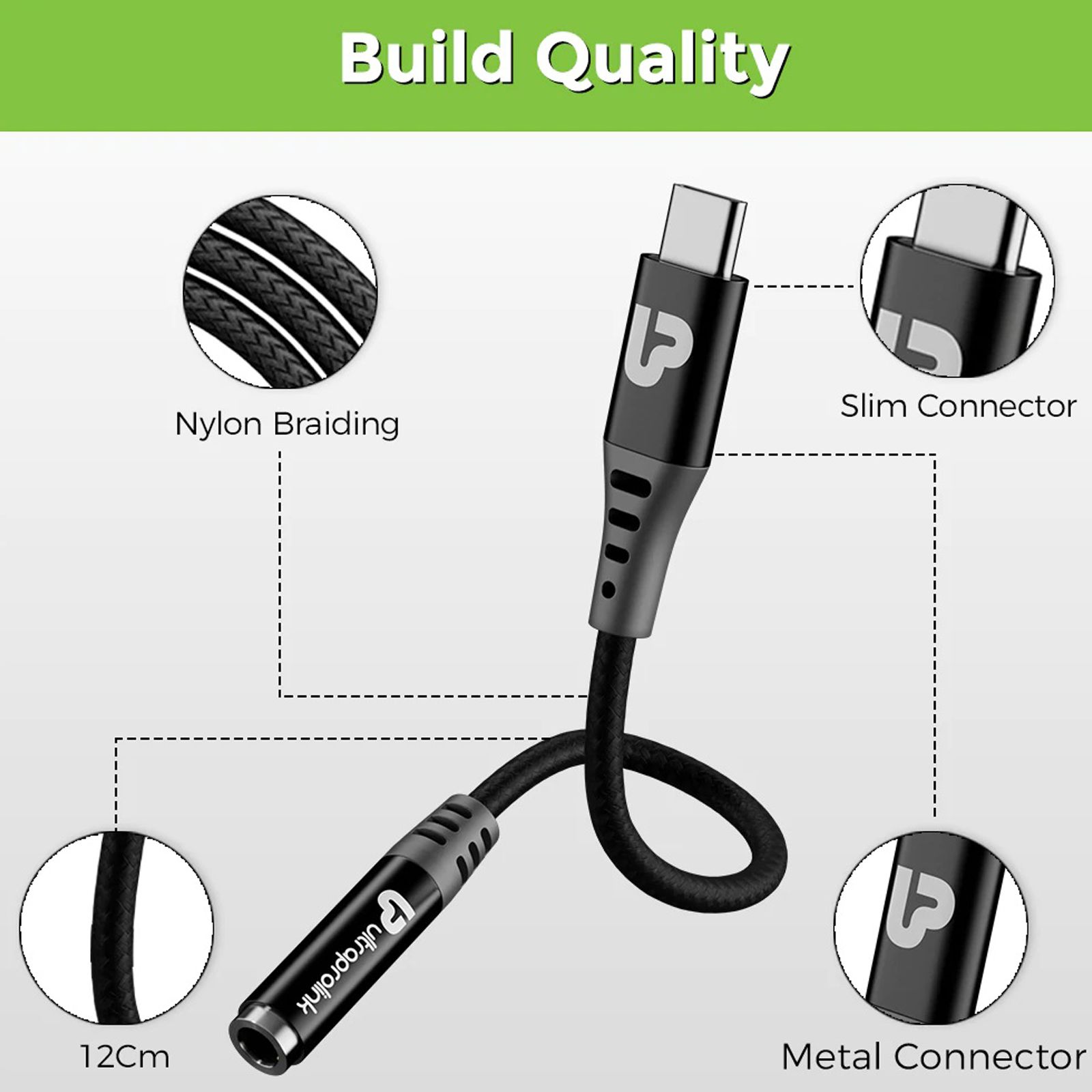 ultraprolink Audio Link Type C to 3.5mm Aux 0.39 Feet (0.12M) Adapter (High Definition Sound, Black)_3