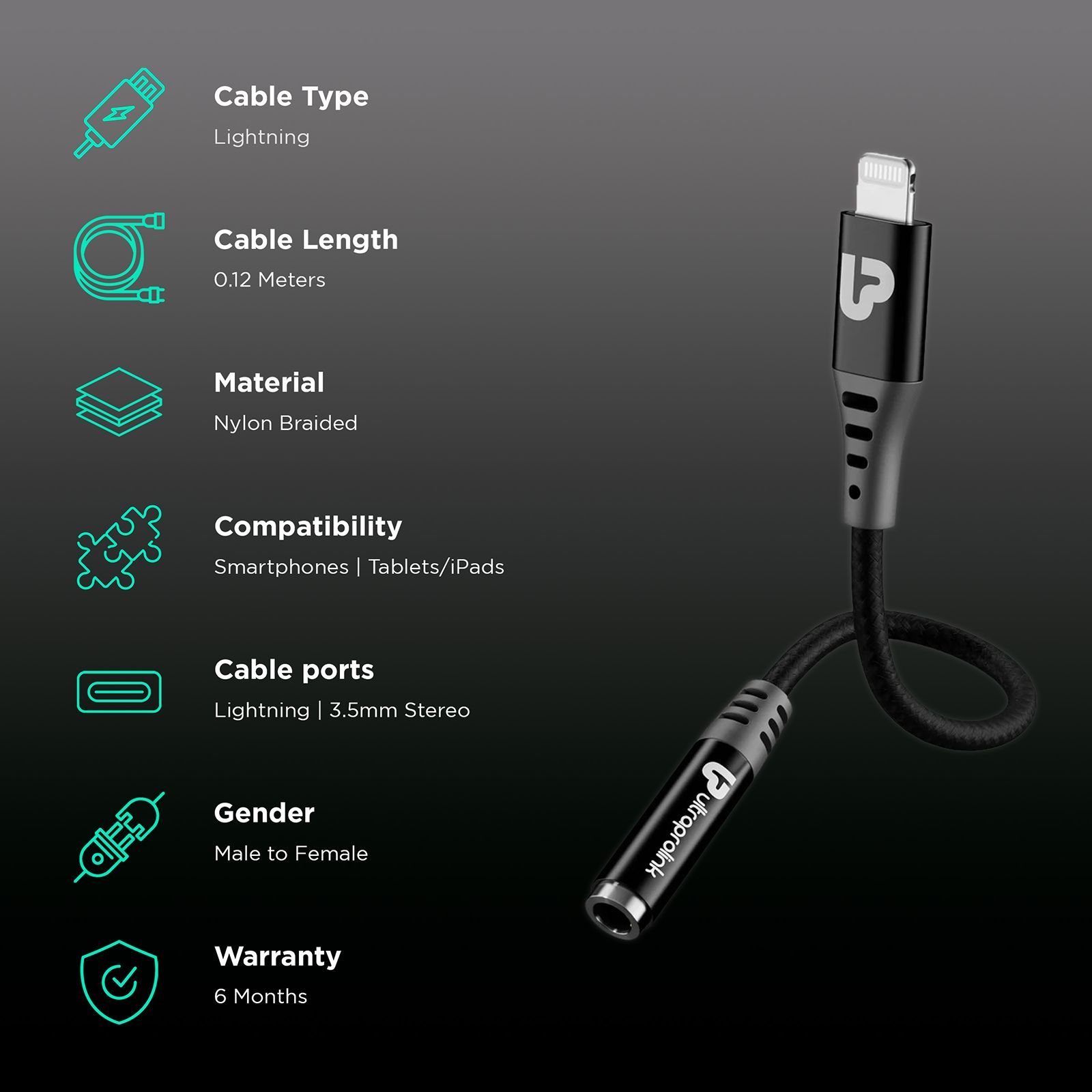 ultraprolink Audio Link Lightning to 3.5mm Aux 0.39 Feet (0.12M) Adapter (High Definition Sound, Black)_2