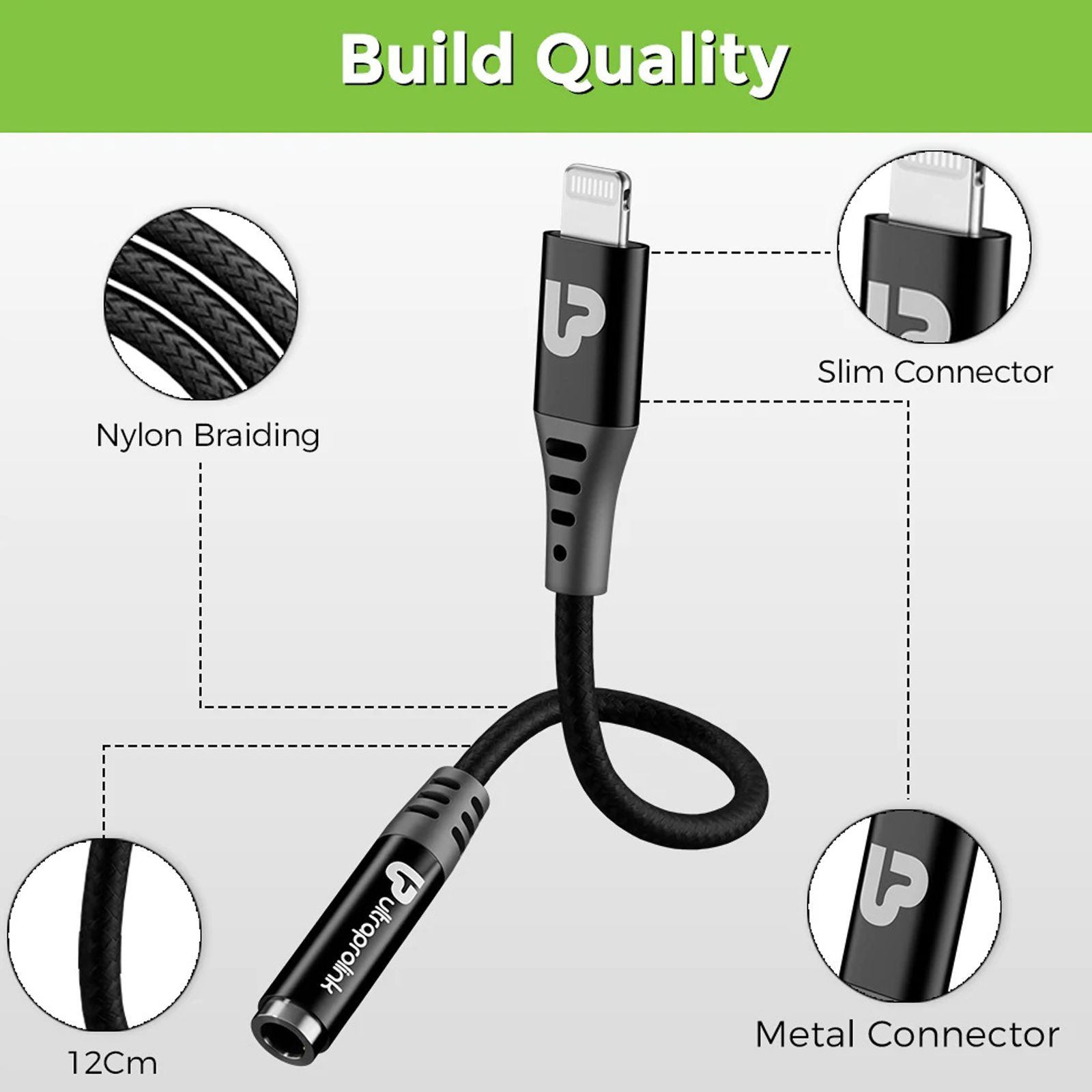 ultraprolink Audio Link Lightning to 3.5mm Aux 0.39 Feet (0.12M) Adapter (High Definition Sound, Black)_4