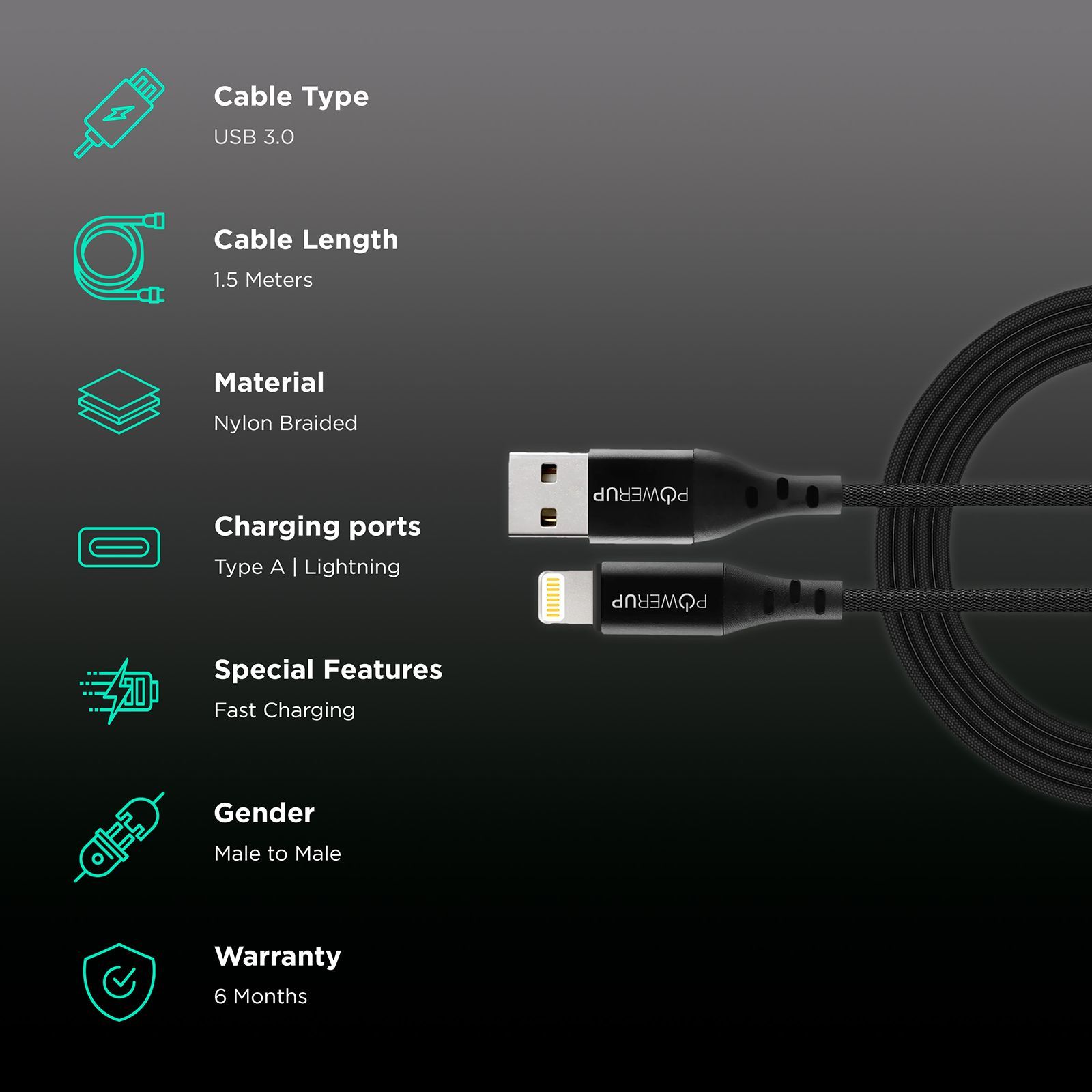 POWERUP Type A to Lightning 4.92 Feet (1.5M) Cable (Fast Charge and Data Sync, Black)_2