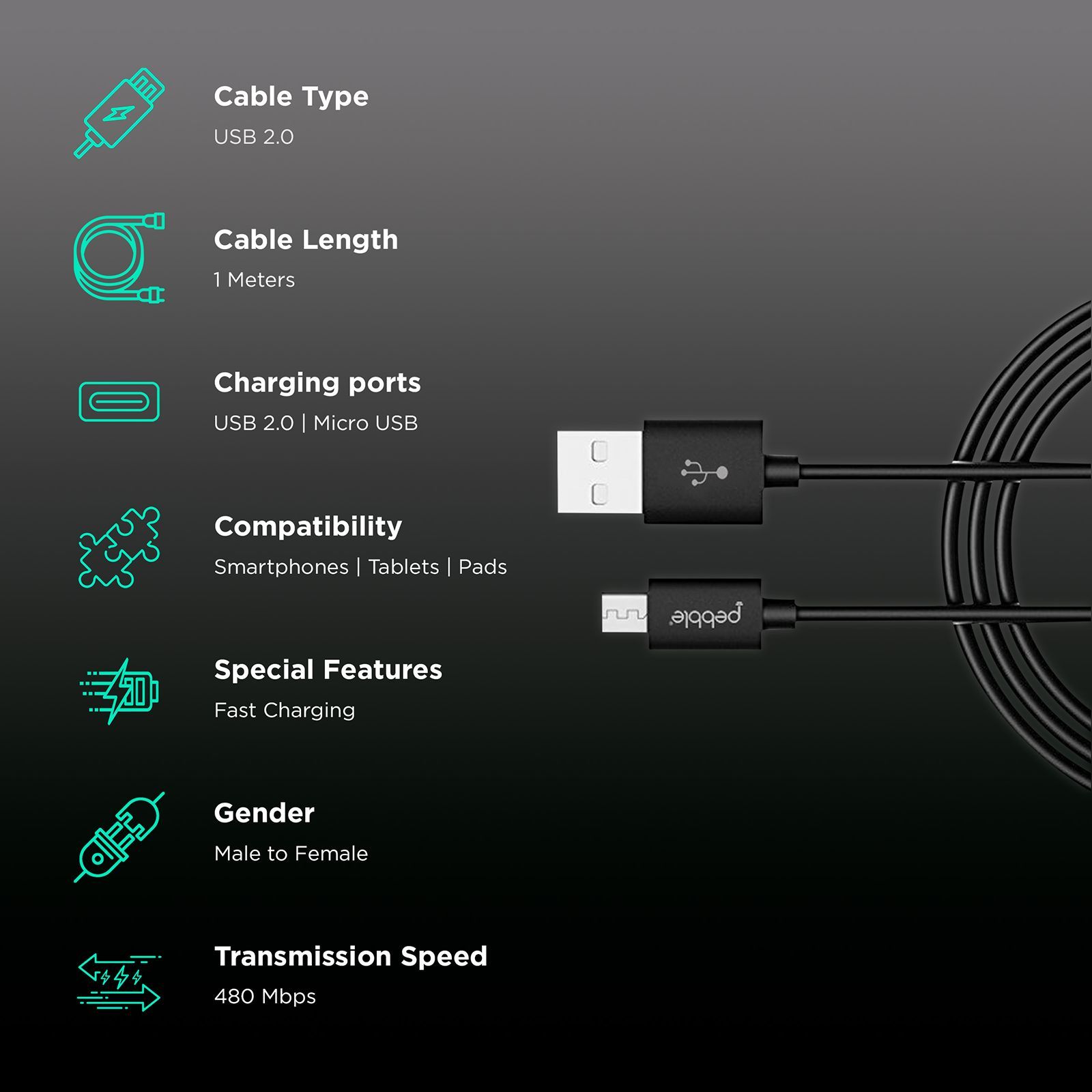 pebble PBCM10 Type A to Micro USB 3.2 Feet (1M) Cable (Data Transfer with High Efficiency, Black)_2
