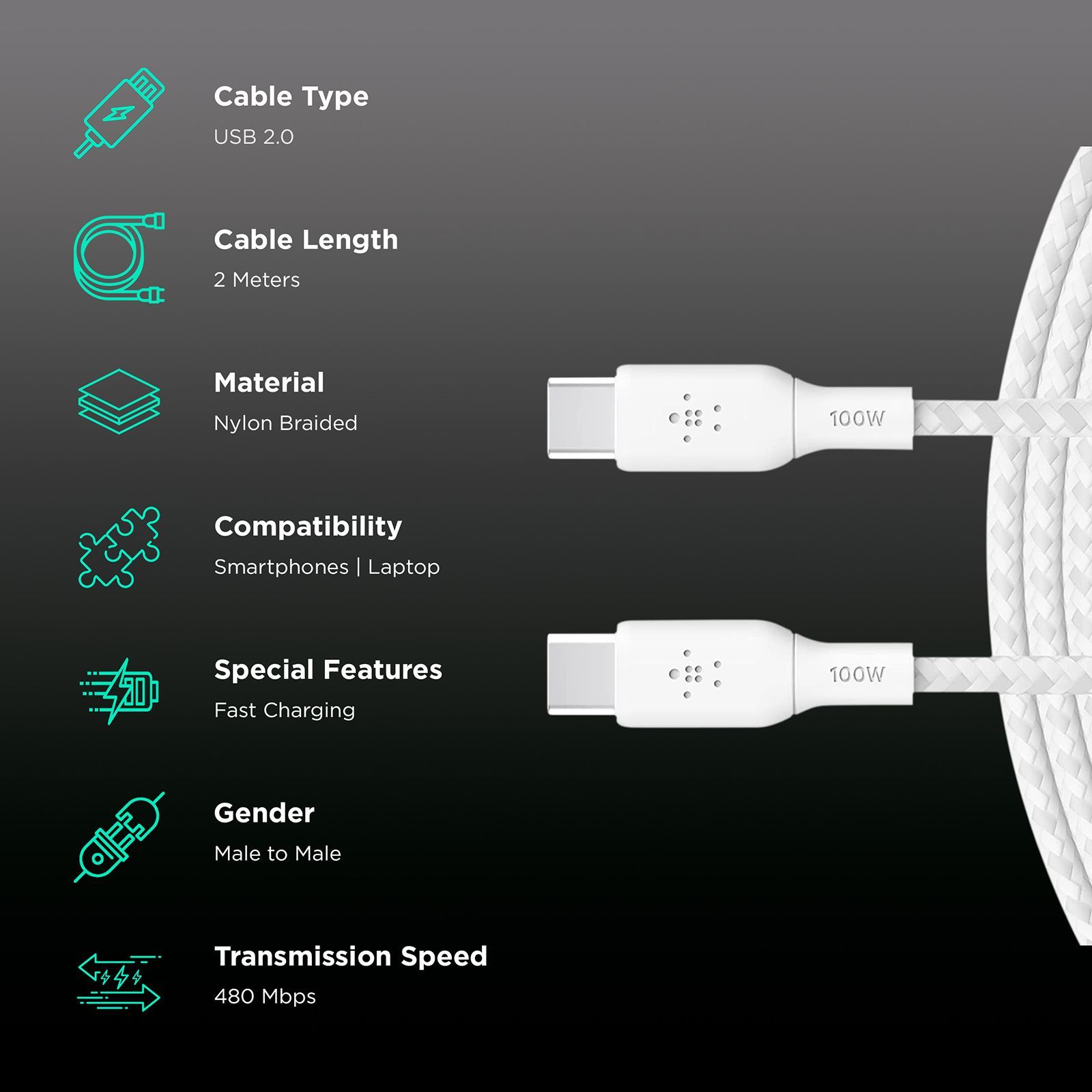 belkin Boost Charge Type C to Type C 6.6 Feet (2M) USB Cable (Fast Charging, White)_2