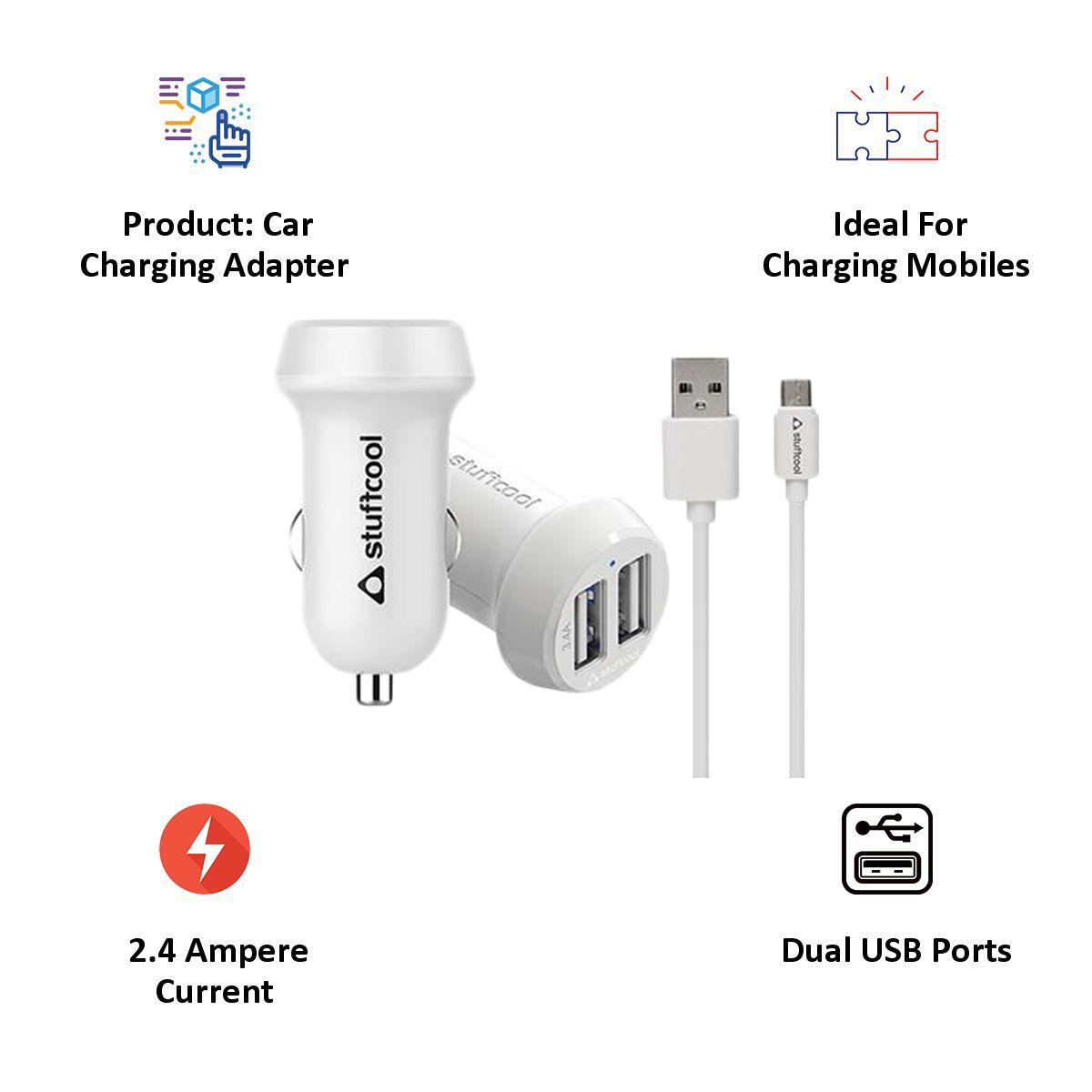 stuffcool Drive It 2.4 Amp Dual USB Car Charging Adapter with Cable (CKATOMMI-WHT, White)_5