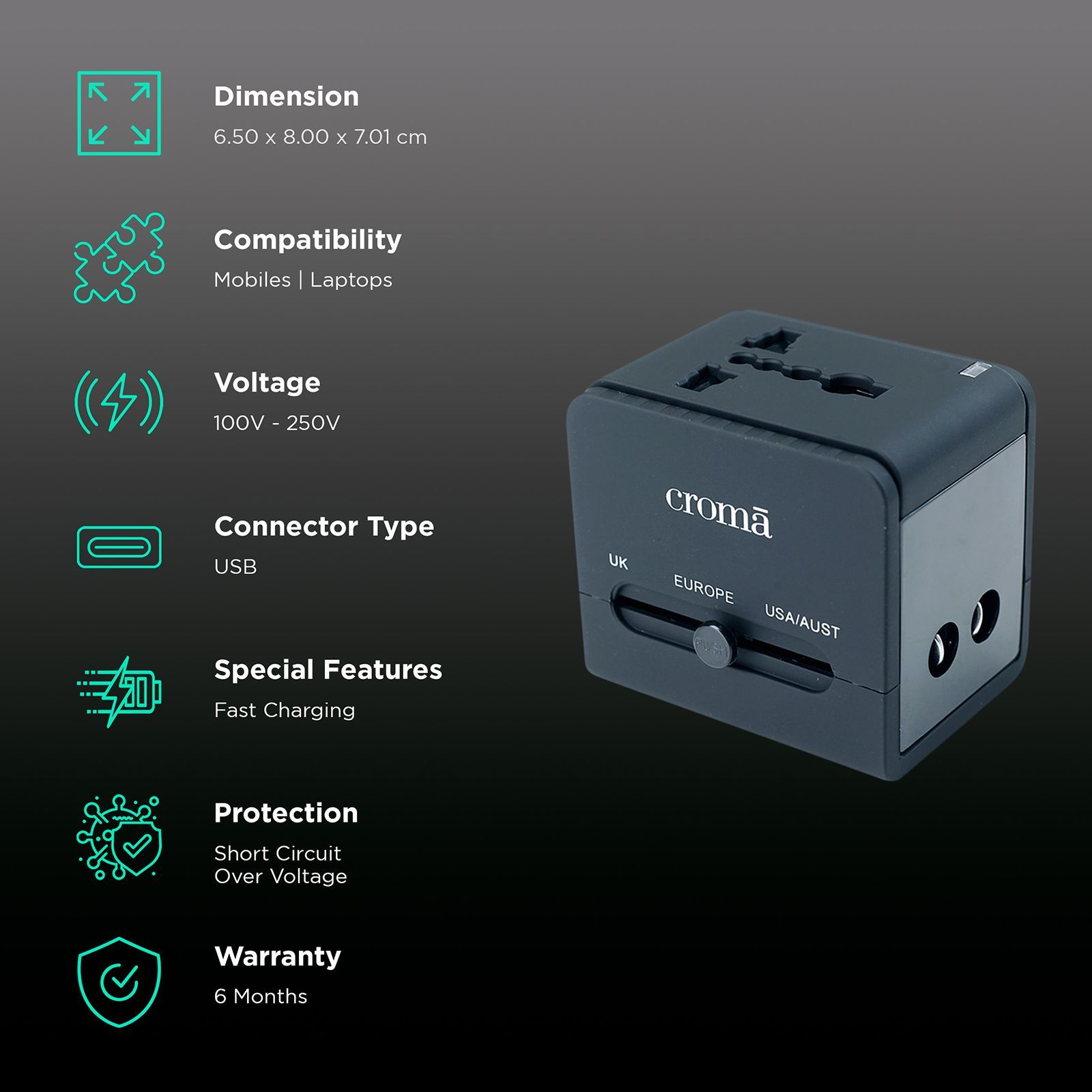 Croma 4 Plugs Universal Travel Adapter (Dual USB Port, CREP0144, Black)_2