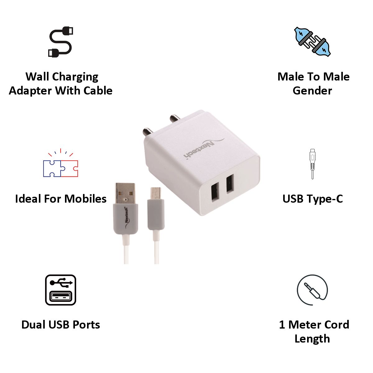Nextech 2.4 Ampere Dual USB Wall Charger with Type C Cable Nextech 2.4 Ampere Dual USB Wall Charger with Type C Cable_3