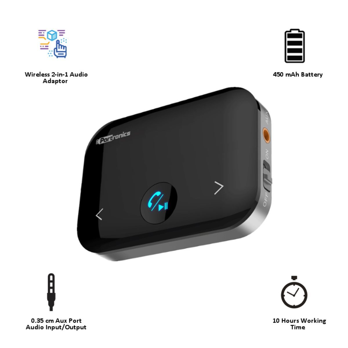 PORTRONICS Auto 14 Wireless 2-in-1 Audio Adaptor (One Button Control, POR-1153, Black)_4