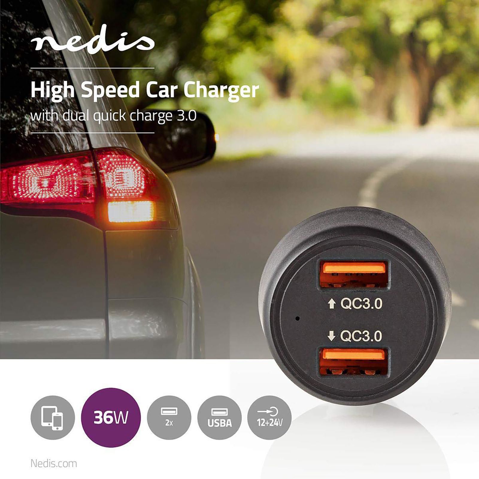 nedis 36 Watts/3 Amps 2 USB 3.0 Ports Car Charging Adapter (Fast Charging Capability, CCQC600ABK, Black)_4